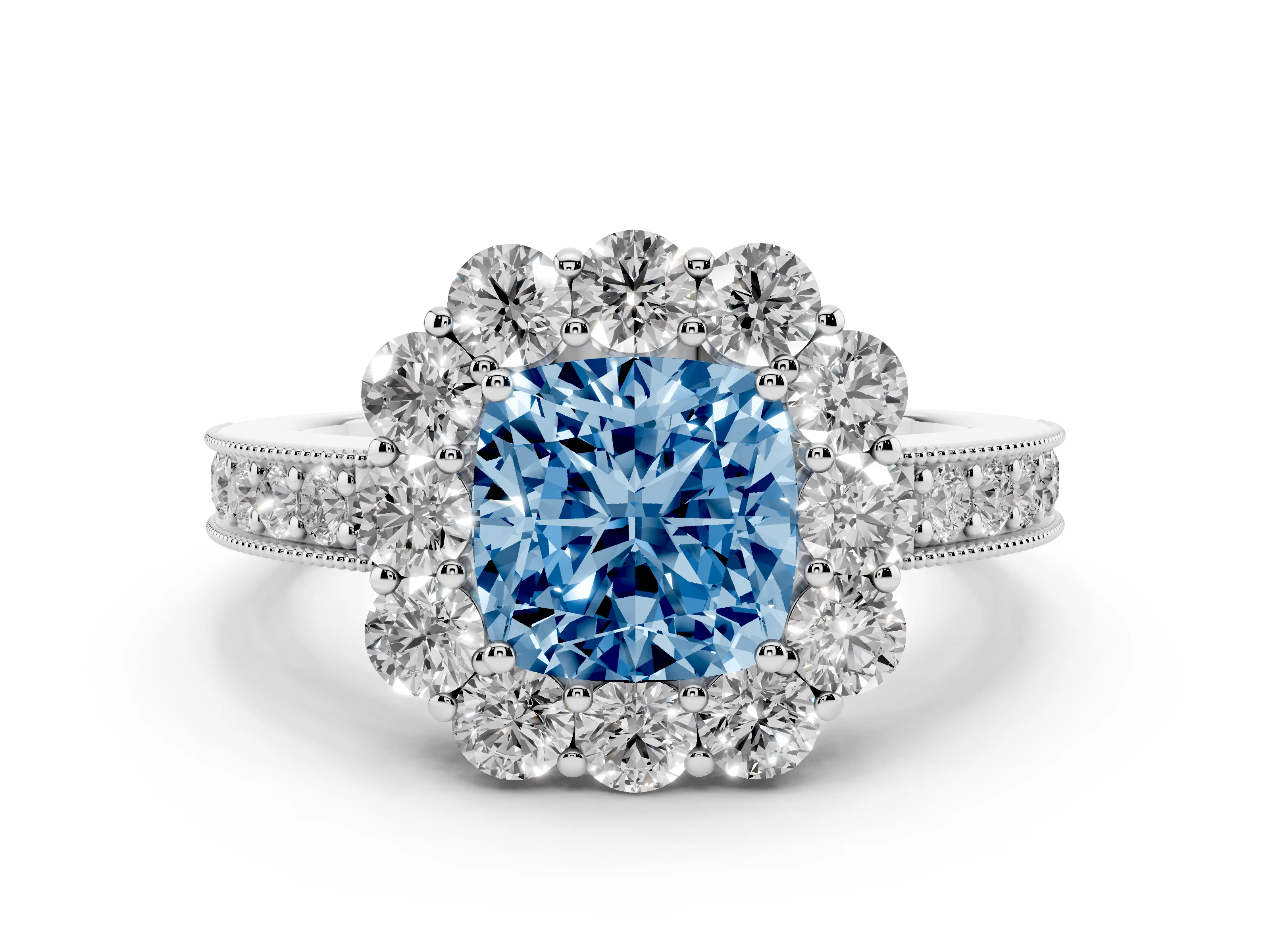 Fancy Blue Cushion Cut Diamond Halo Pavé Engagement Ring Set in White gold with Milgrain Detailing