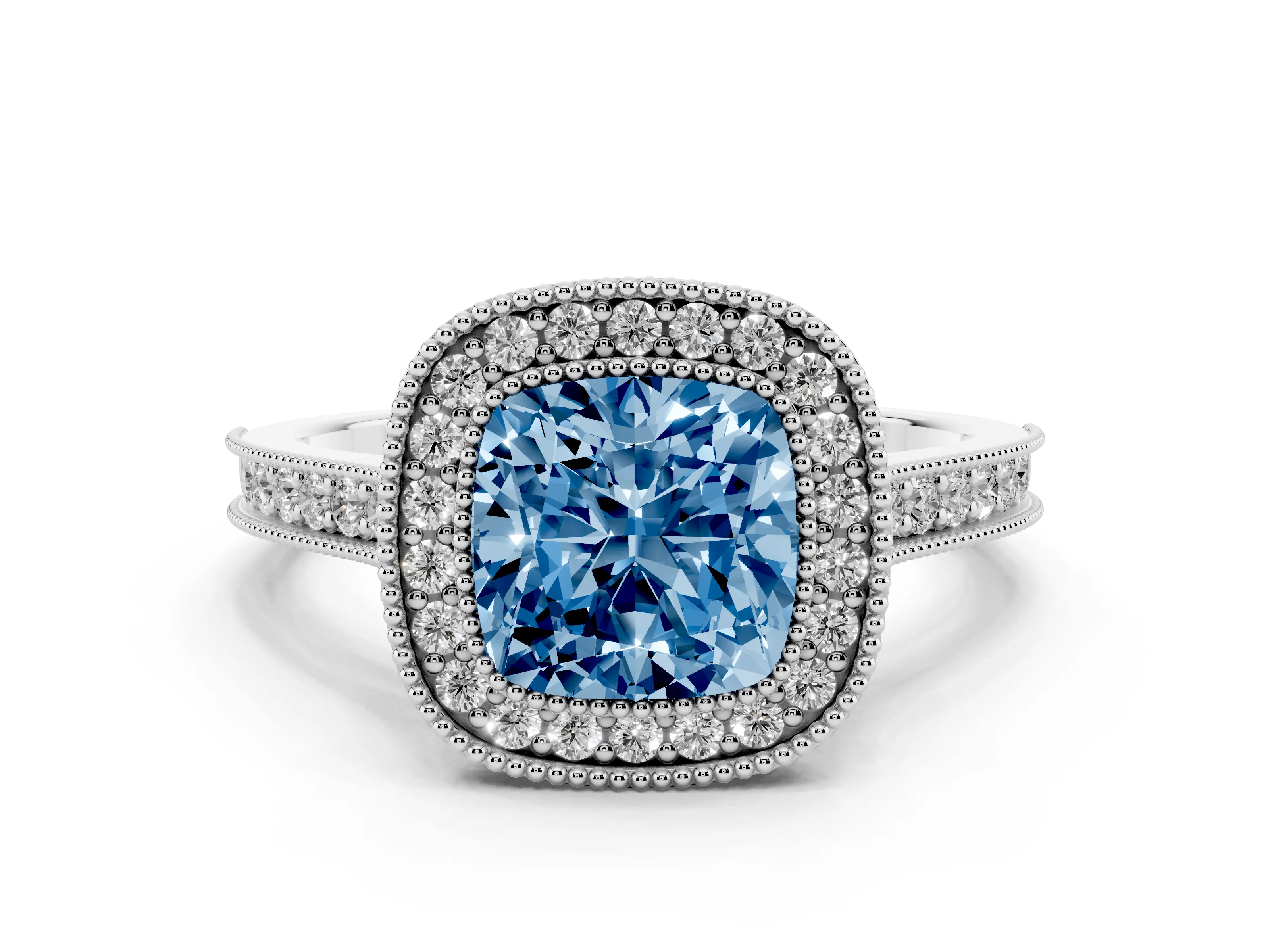 Fancy Blue Cushion Cut Diamond Halo Milgrain Pavé Band Ring Set in White gold with Prong Setting
