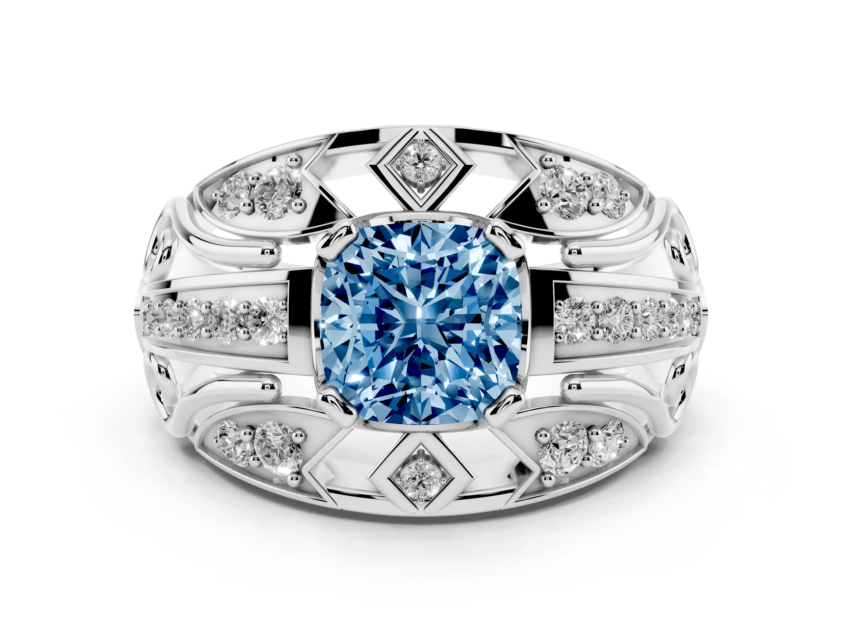 Fancy Blue Cushion Cut Diamond Art Deco Ring Set in Silver with Pavé Split Shank