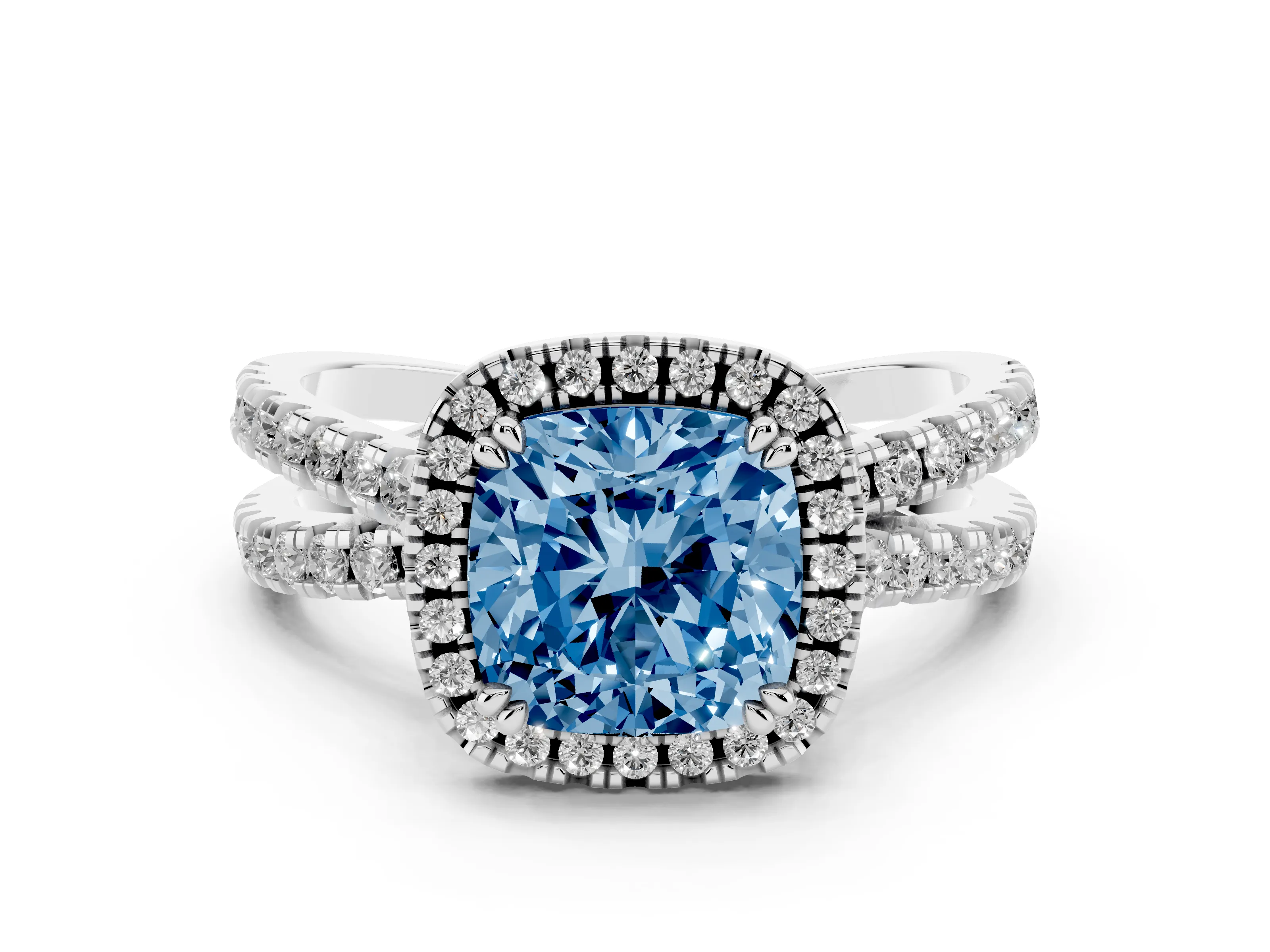 Fancy Blue Cushion Cut Diamond Halo Split Shank Ring Set in Platinum with Pavé Setting