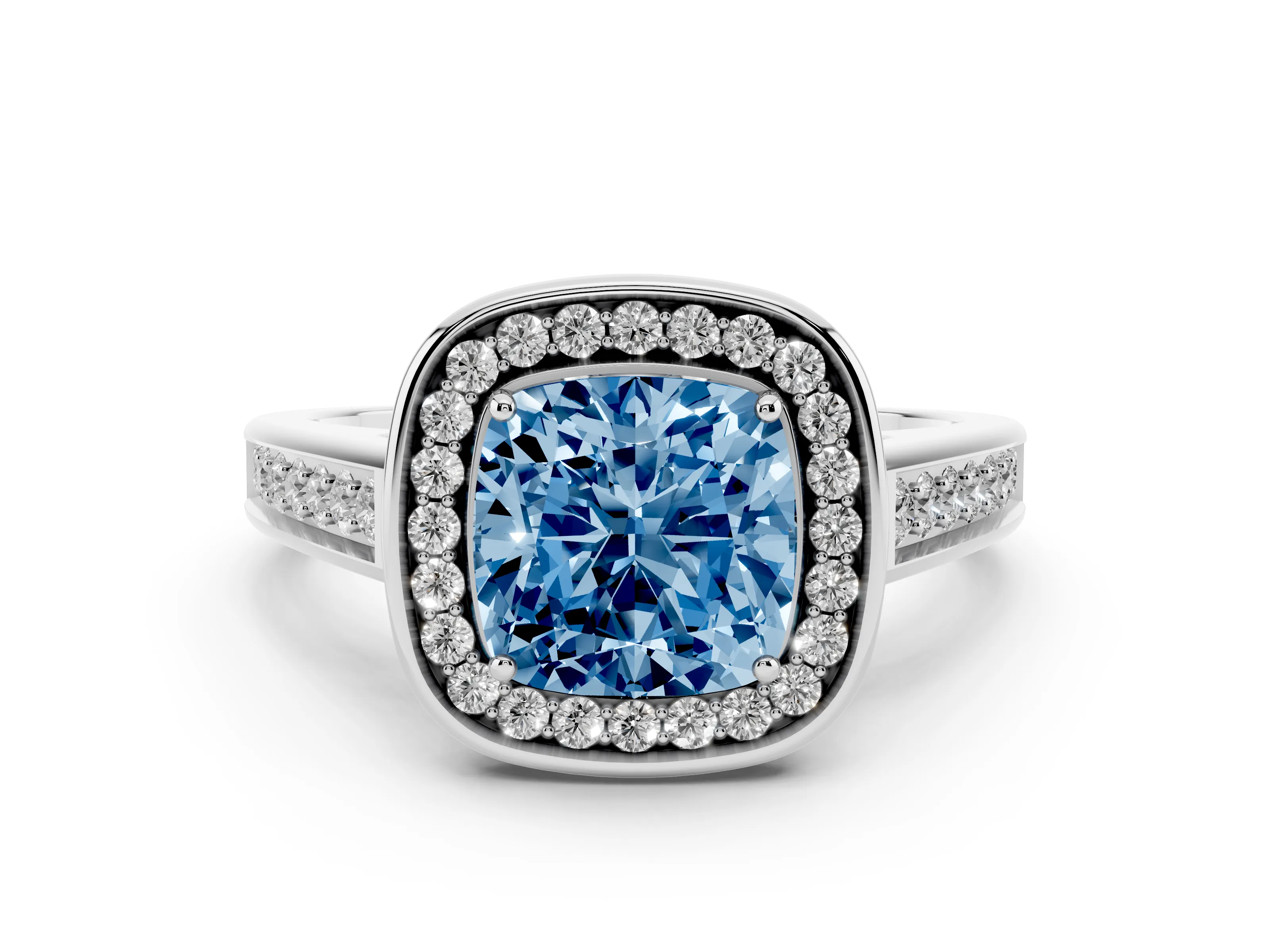 Fancy Blue Cushion Cut Diamond Halo Solitaire Ring Set in Platinum with Pavé Band and Bezel Setting