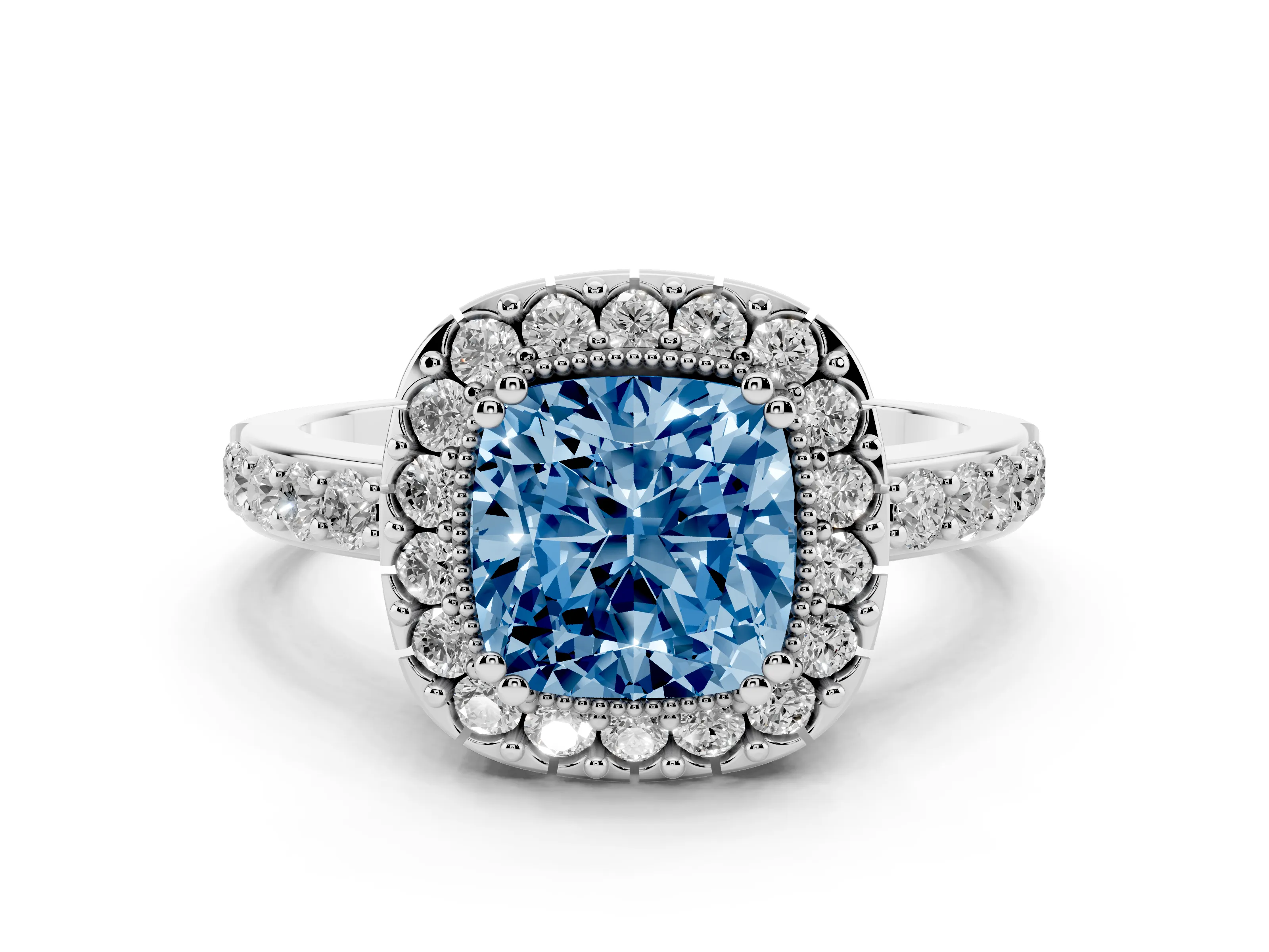 Fancy Blue Cushion Cut Diamond Halo Ring Set in White gold with Pavé Shank and Prong Setting
