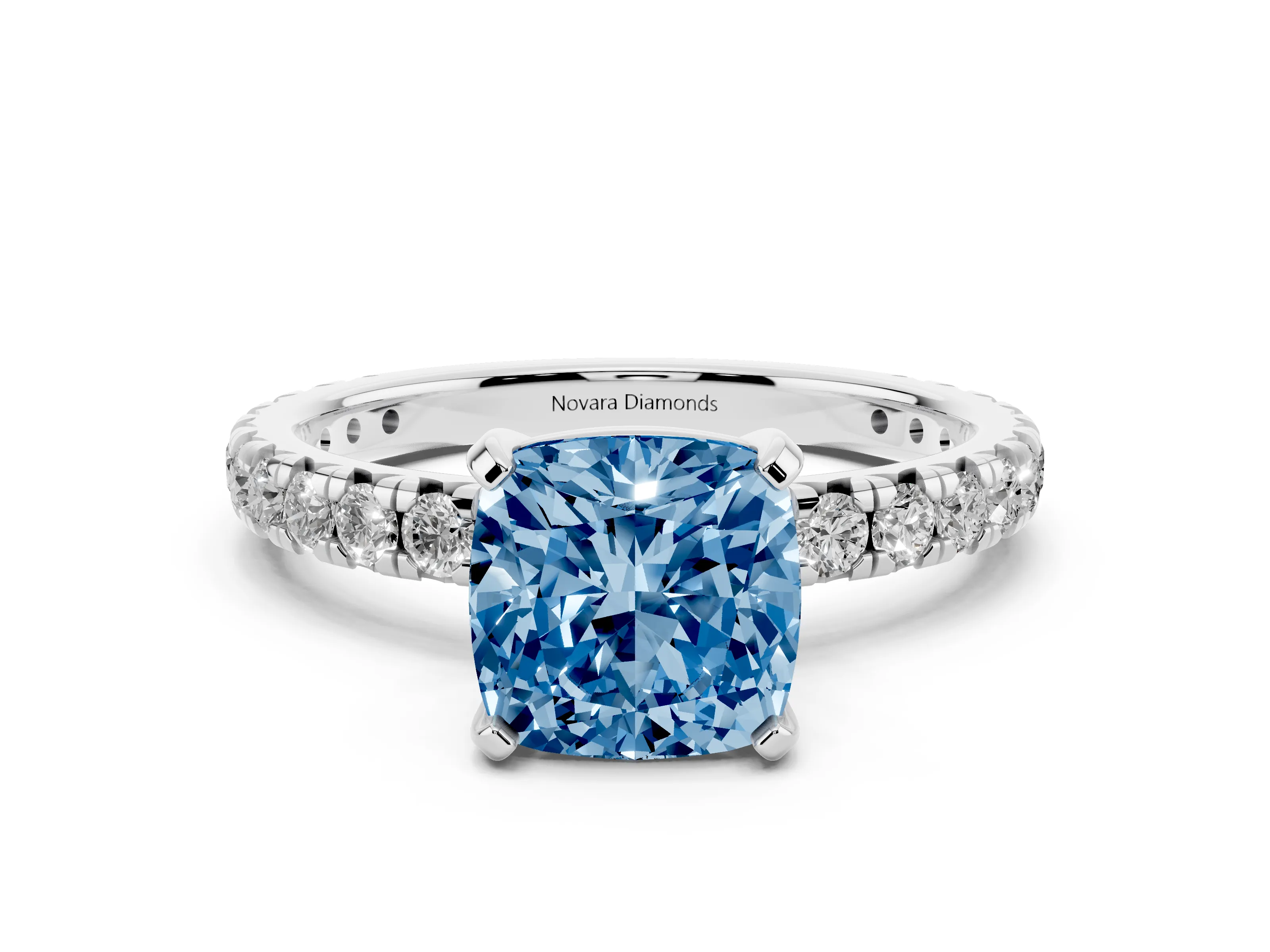 Fancy Blue Cushion Cut Diamond Pavé Solitaire Ring Set in Platinum with Round Band and Prong Setting