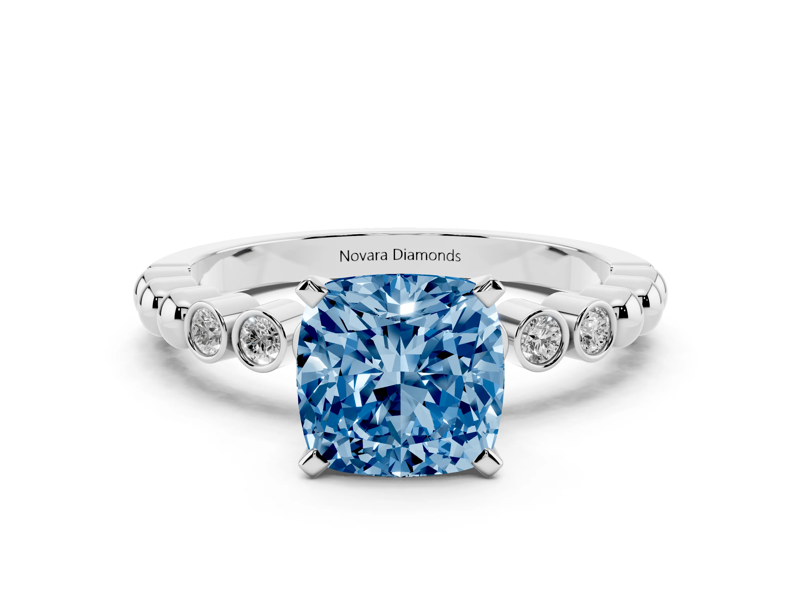 Fancy Blue Cushion Cut Diamond Solitaire Engagement Ring Set in White gold with Bezel Accents on Beaded Band