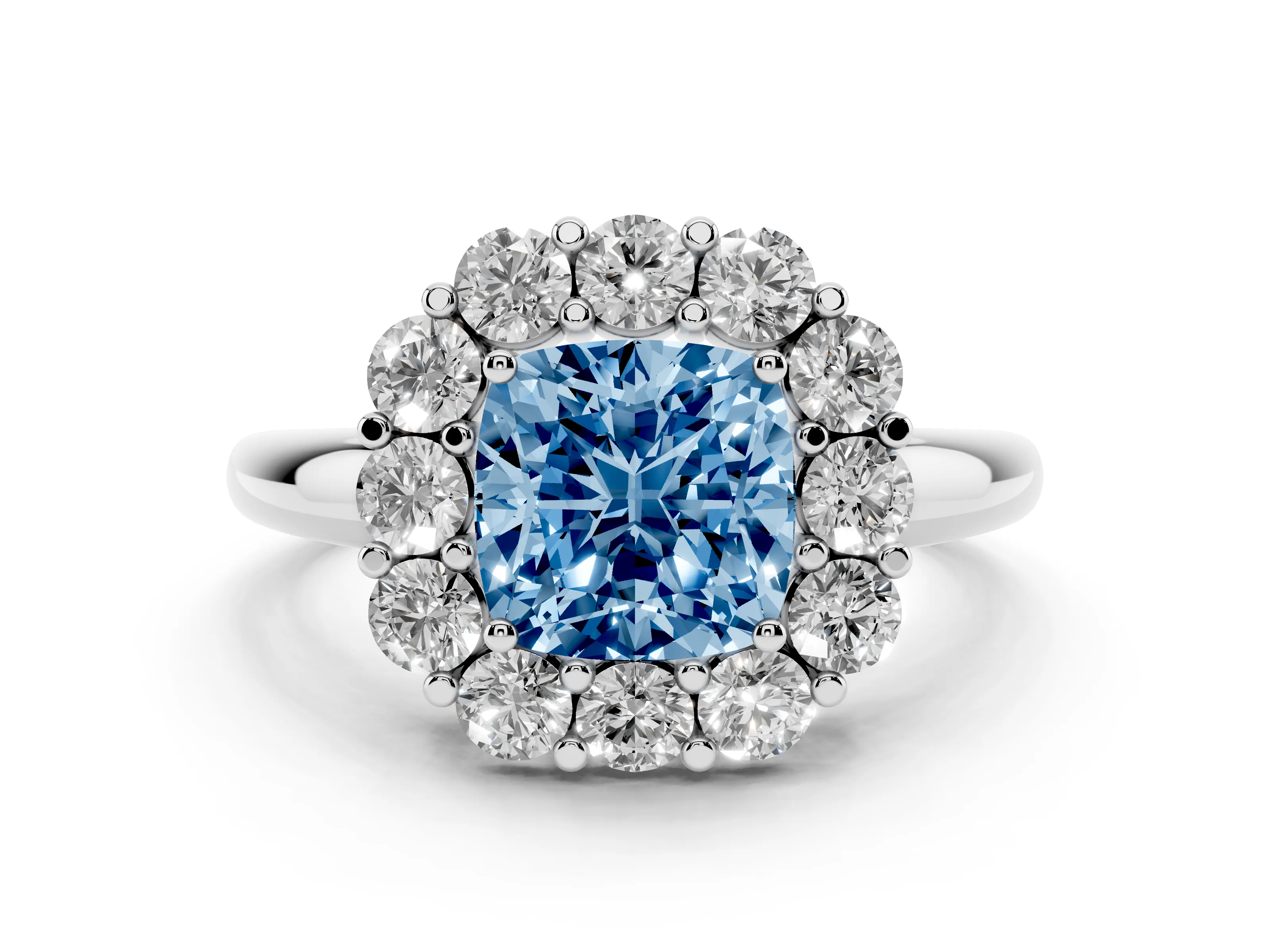 Fancy Blue Cushion Cut Diamond Halo Cluster Engagement Ring Set in Silver with Polished Band and Prong Setting