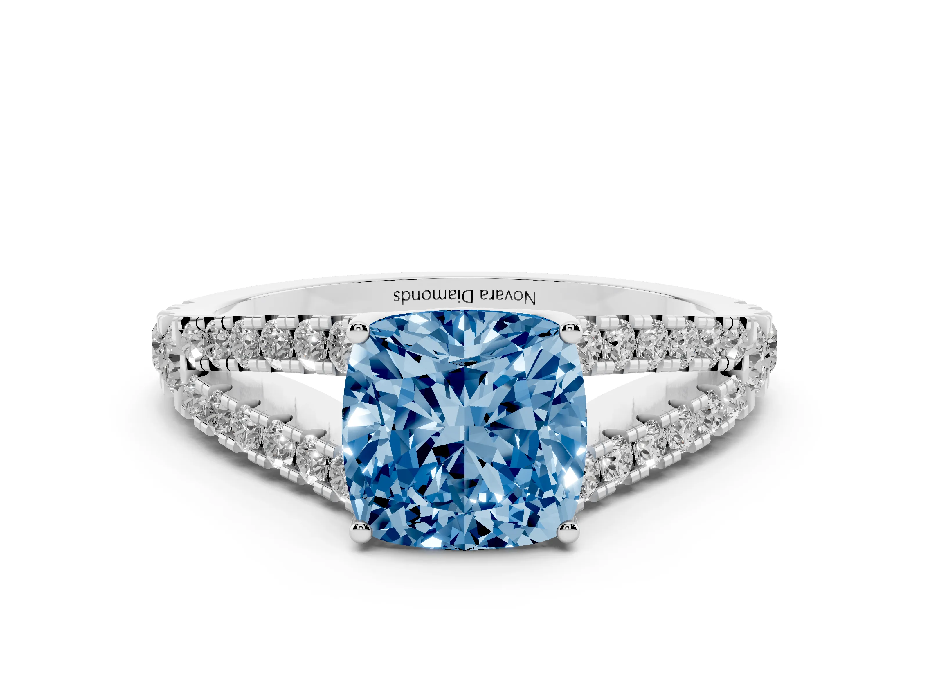Fancy Blue Cushion Cut Diamond Split Shank Pavé Engagement Ring Set in White gold with Prong-Held Center Stone