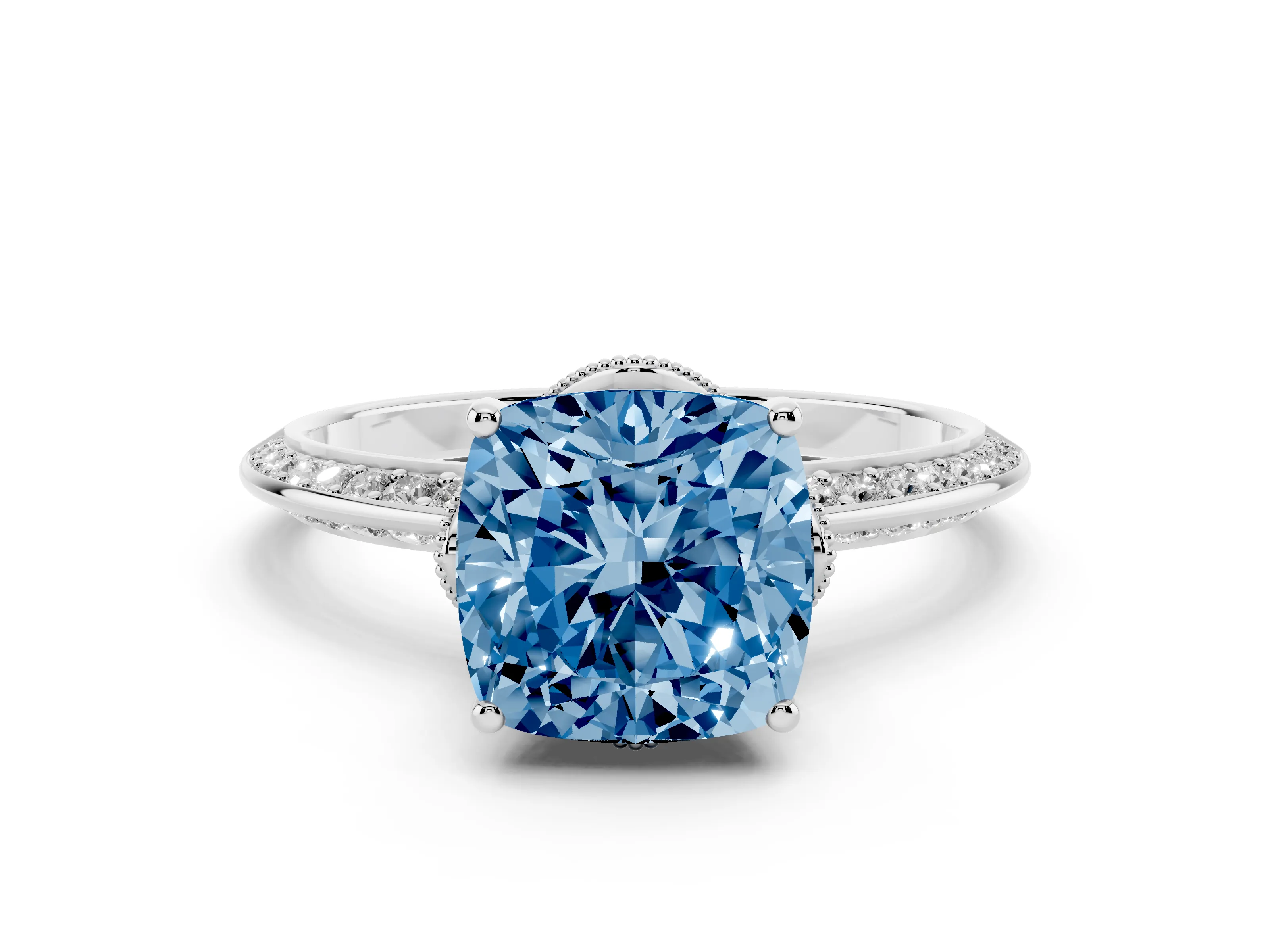 Fancy Blue Cushion Cut Diamond Solitaire Engagement Ring Set in Platinum with Pavé Split Shank and Prong Setting