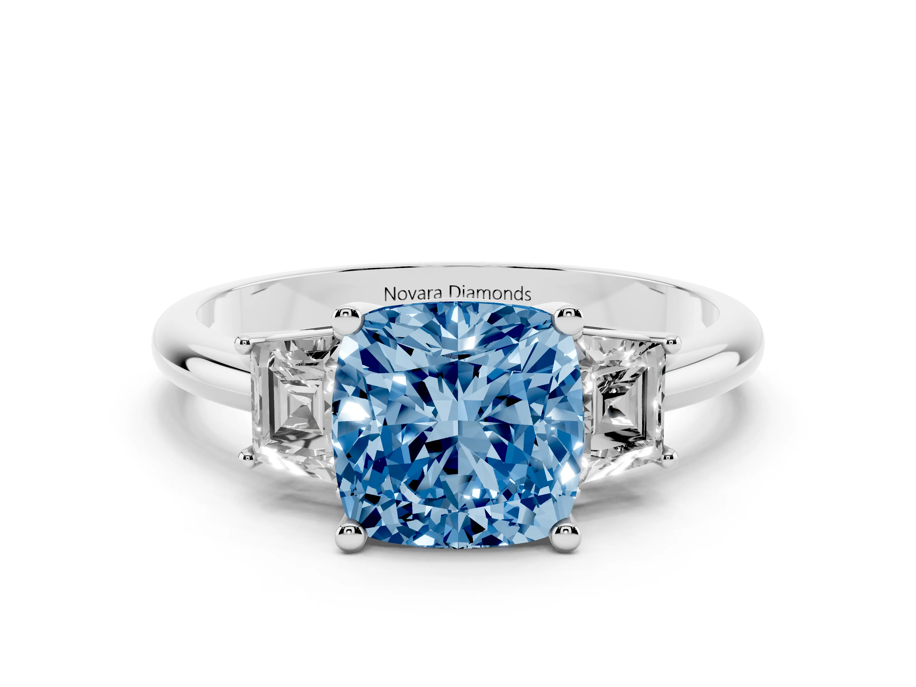 Fancy Blue Cushion Cut Diamond Three-Stone Ring Set in Silver with Trapezoid Side Stones and Prong Setting