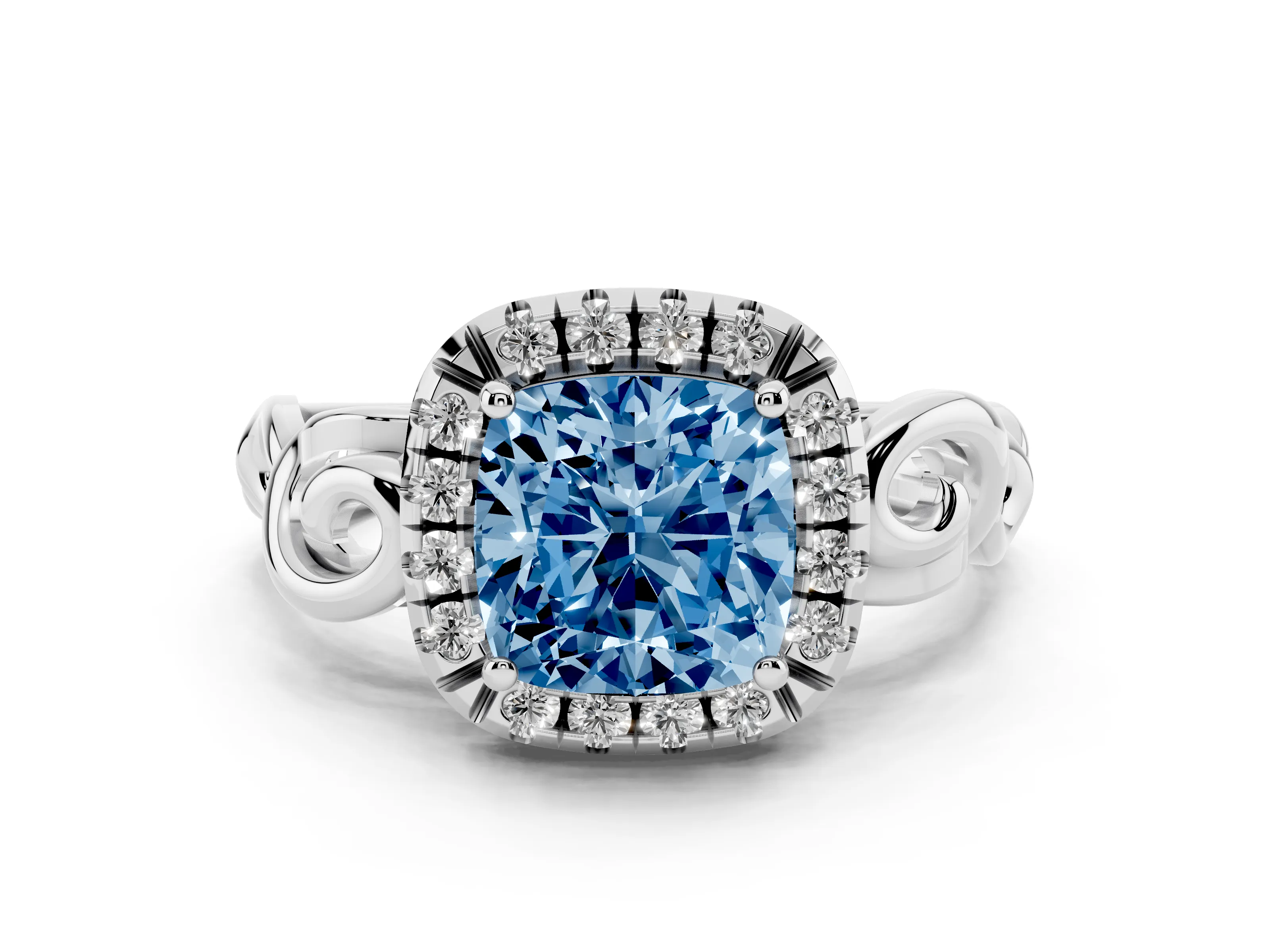 Fancy Blue Cushion Cut Diamond Halo Ring Set in Platinum with Scrollwork Band and Prong Setting