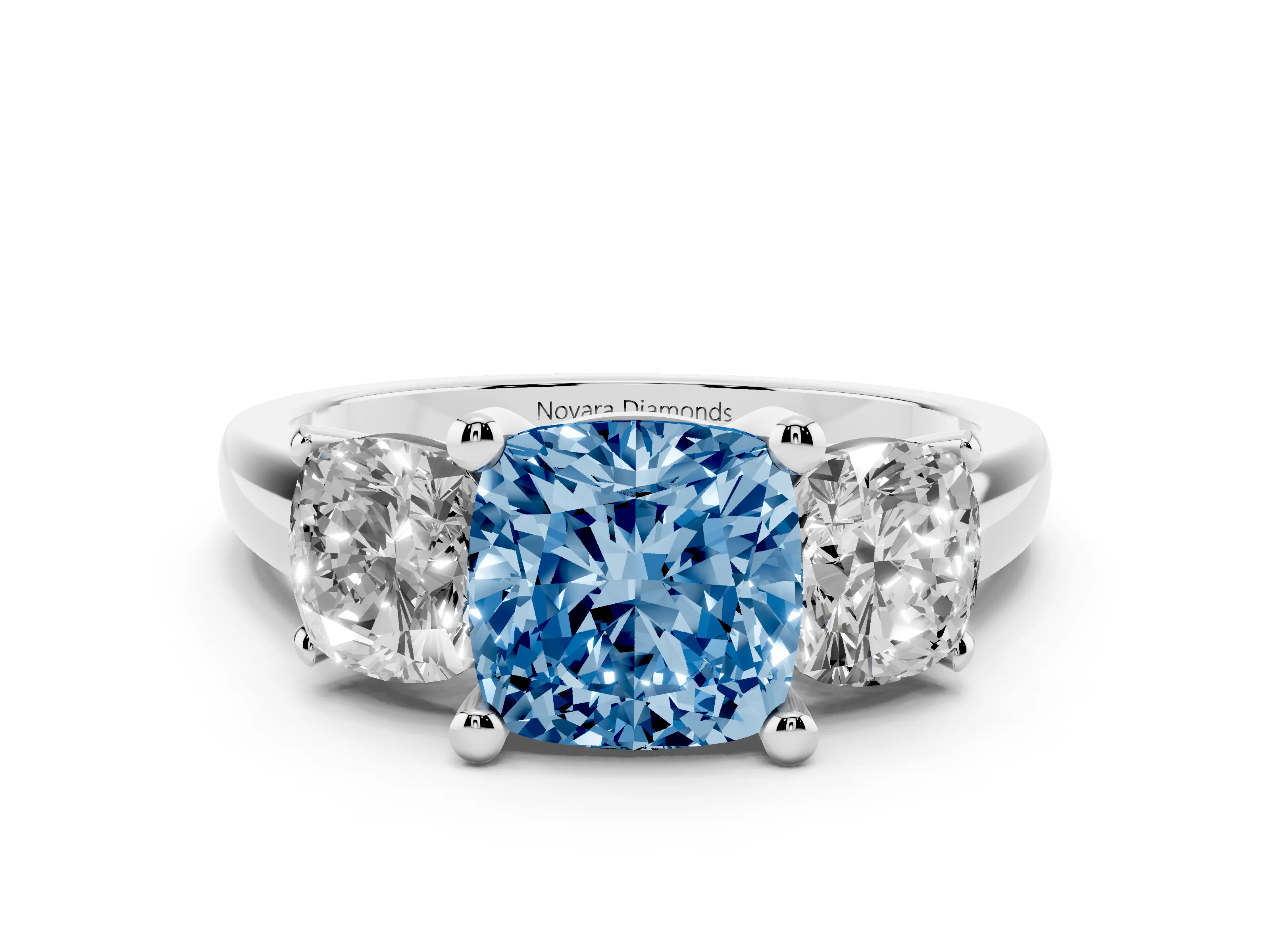 Fancy Blue Cushion Cut Diamond Three-Stone Ring Set in White gold with Classic Prong Setting and Plain Band