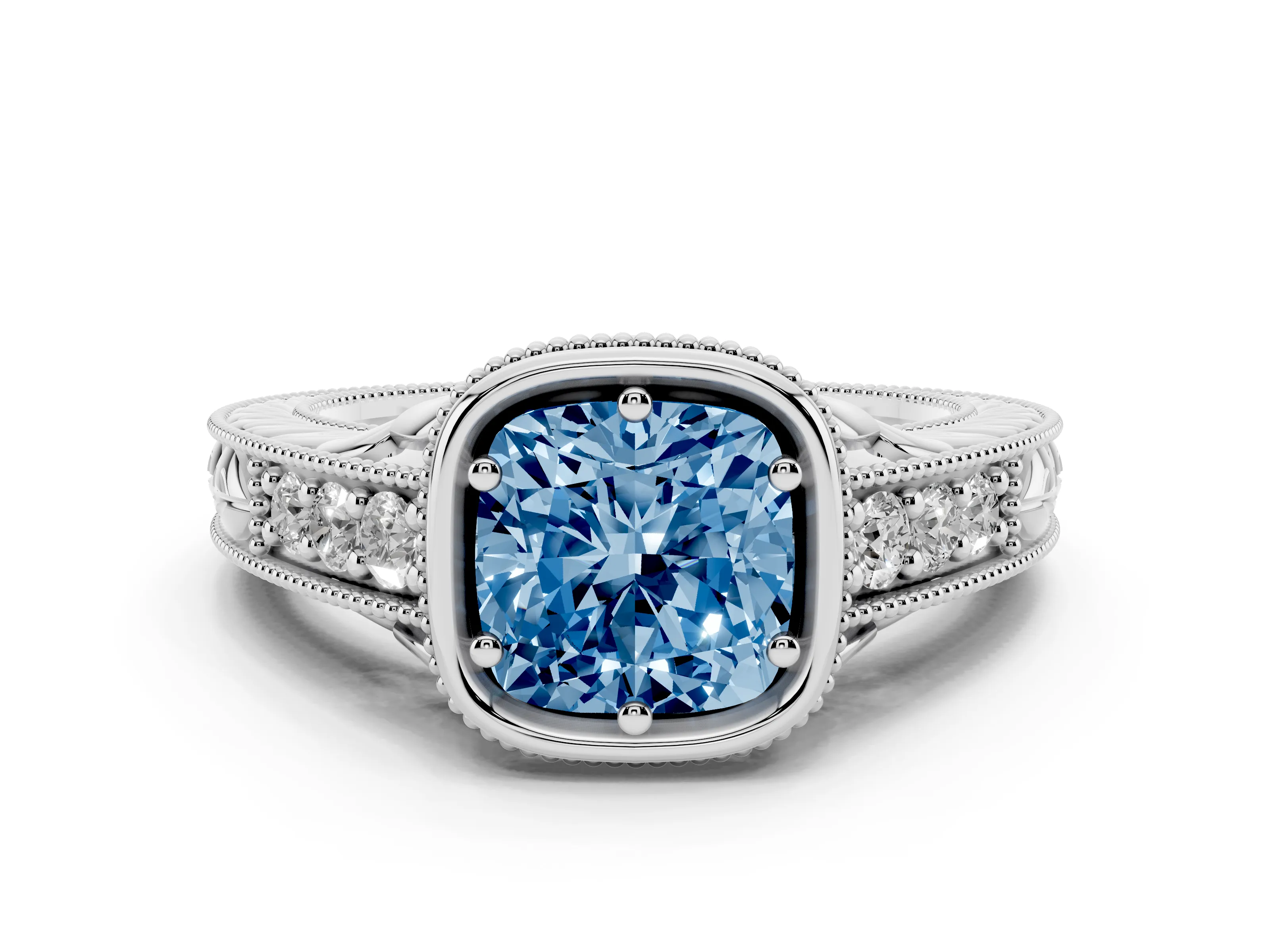 Fancy Blue Bezel Set Cushion Cut Diamond Milgrain Pavé Engagement Ring Set in White gold