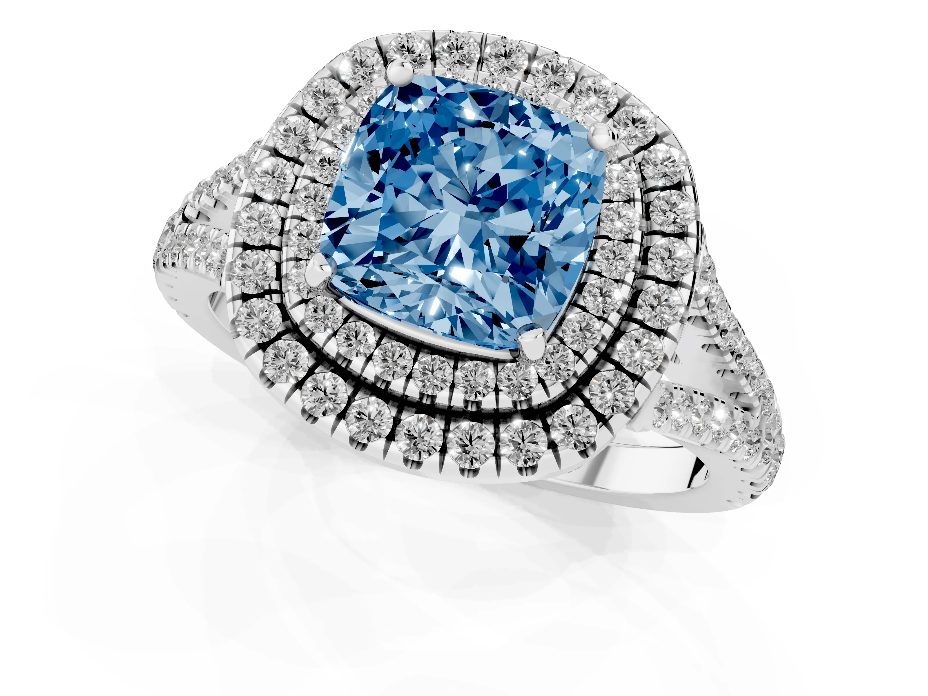Fancy Blue Cushion Cut Diamond Double Halo Ring Set in Silver with Pavé Band