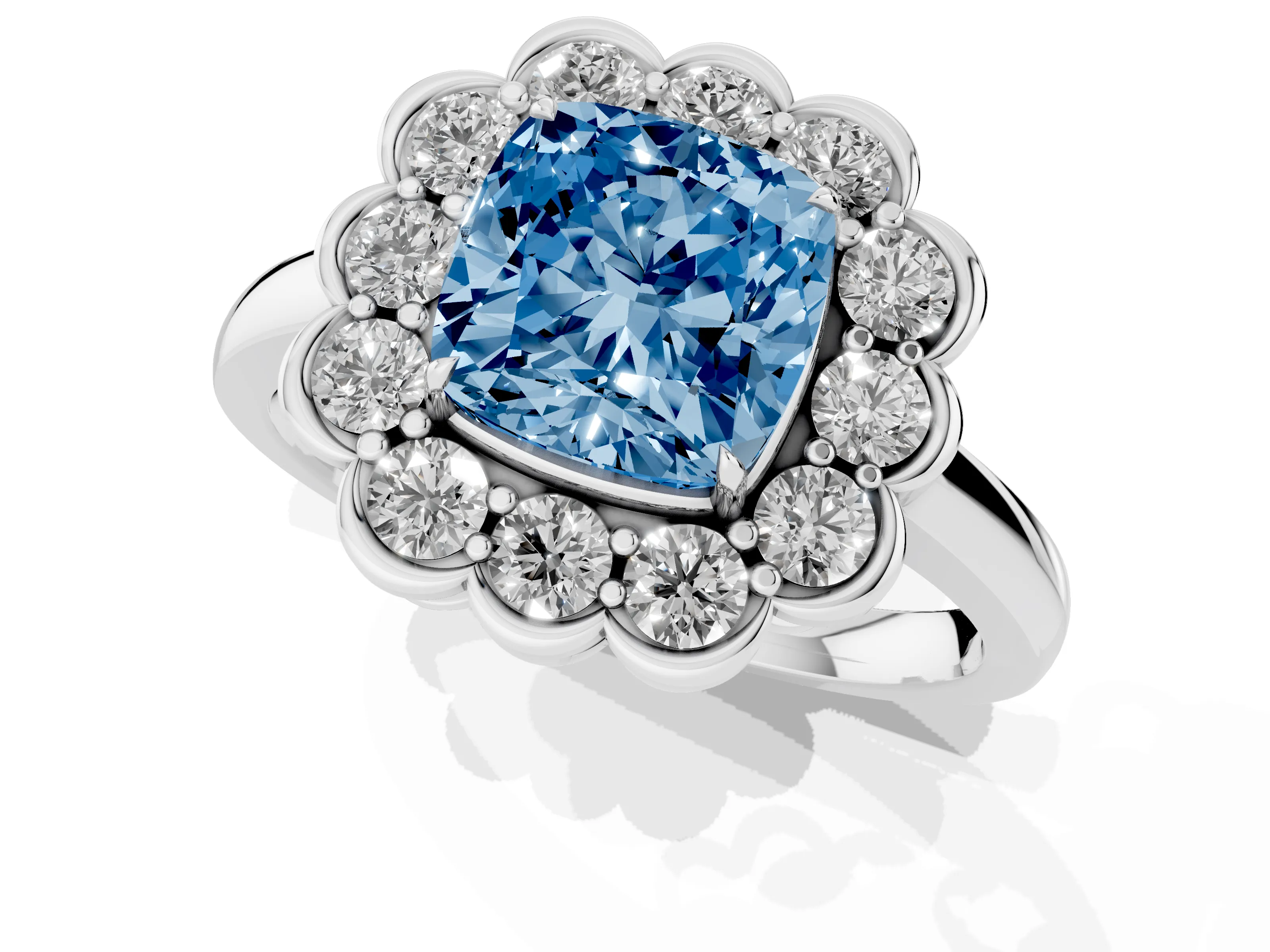 Fancy Blue Cushion Cut Diamond Halo Cluster Engagement Ring Set in Platinum with Solitaire Band and Prong Setting