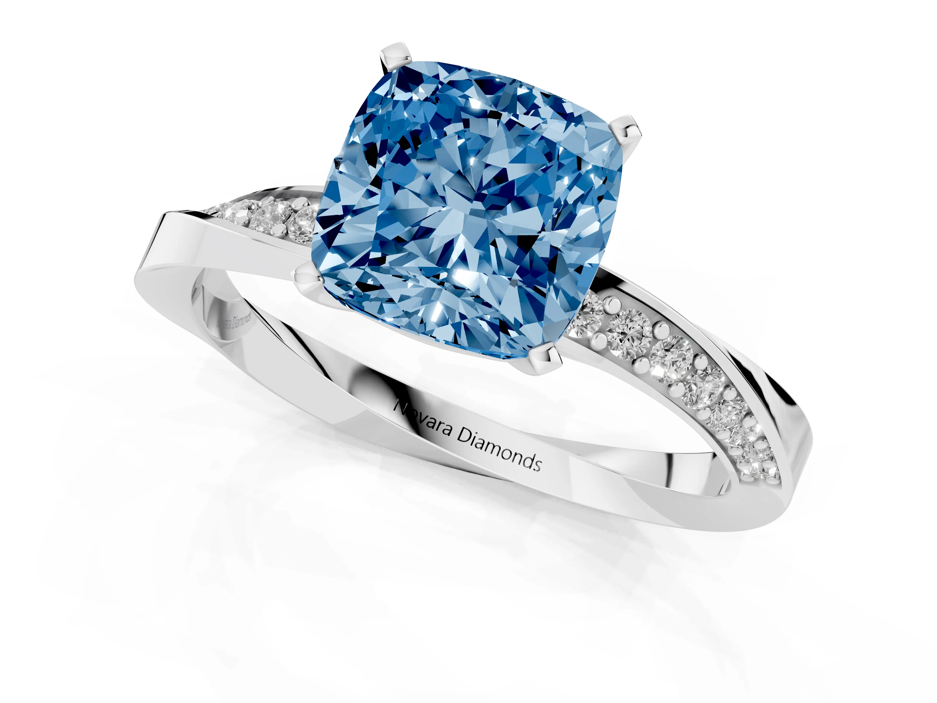 Fancy Blue Cushion Cut Diamond Engagement Ring Set in Platinum with Side Stone Accents and Prong Setting – second view