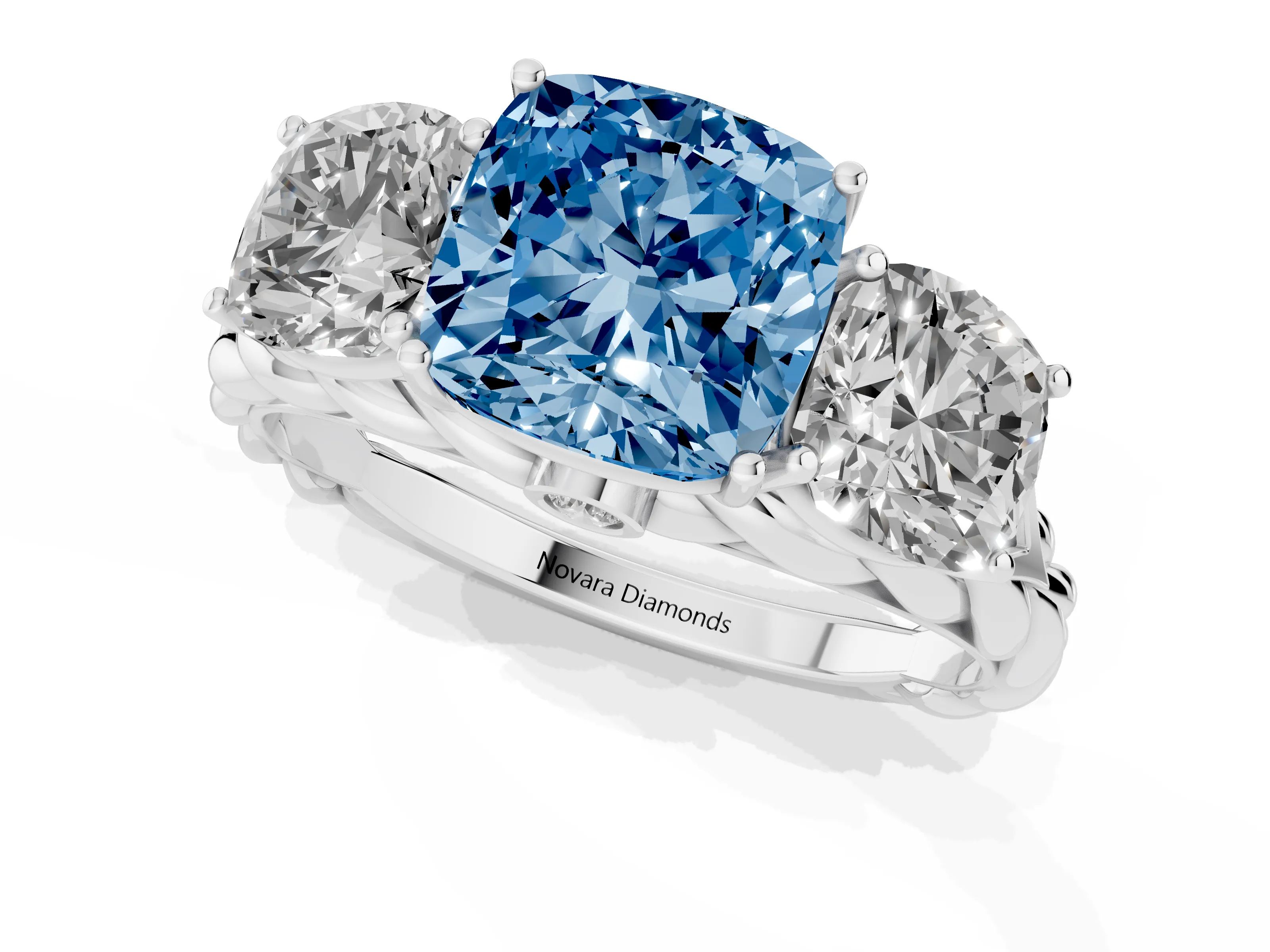 Fancy Blue Cushion Cut Diamond Three-Stone Ring Set in Silver with Braided Band