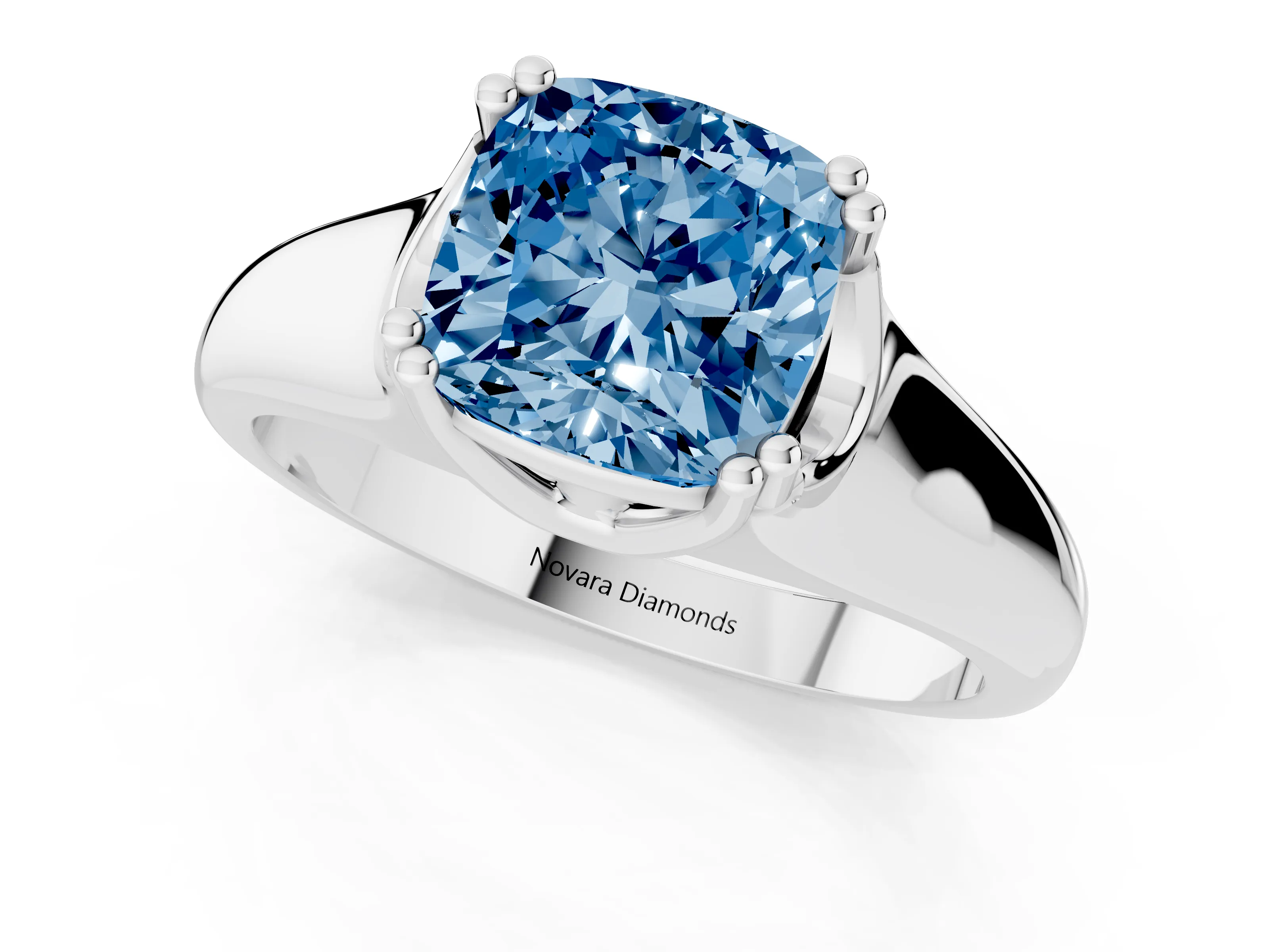Fancy Blue Cushion Cut Diamond Solitaire Ring Set in Platinum with Wide Band and Prong Setting