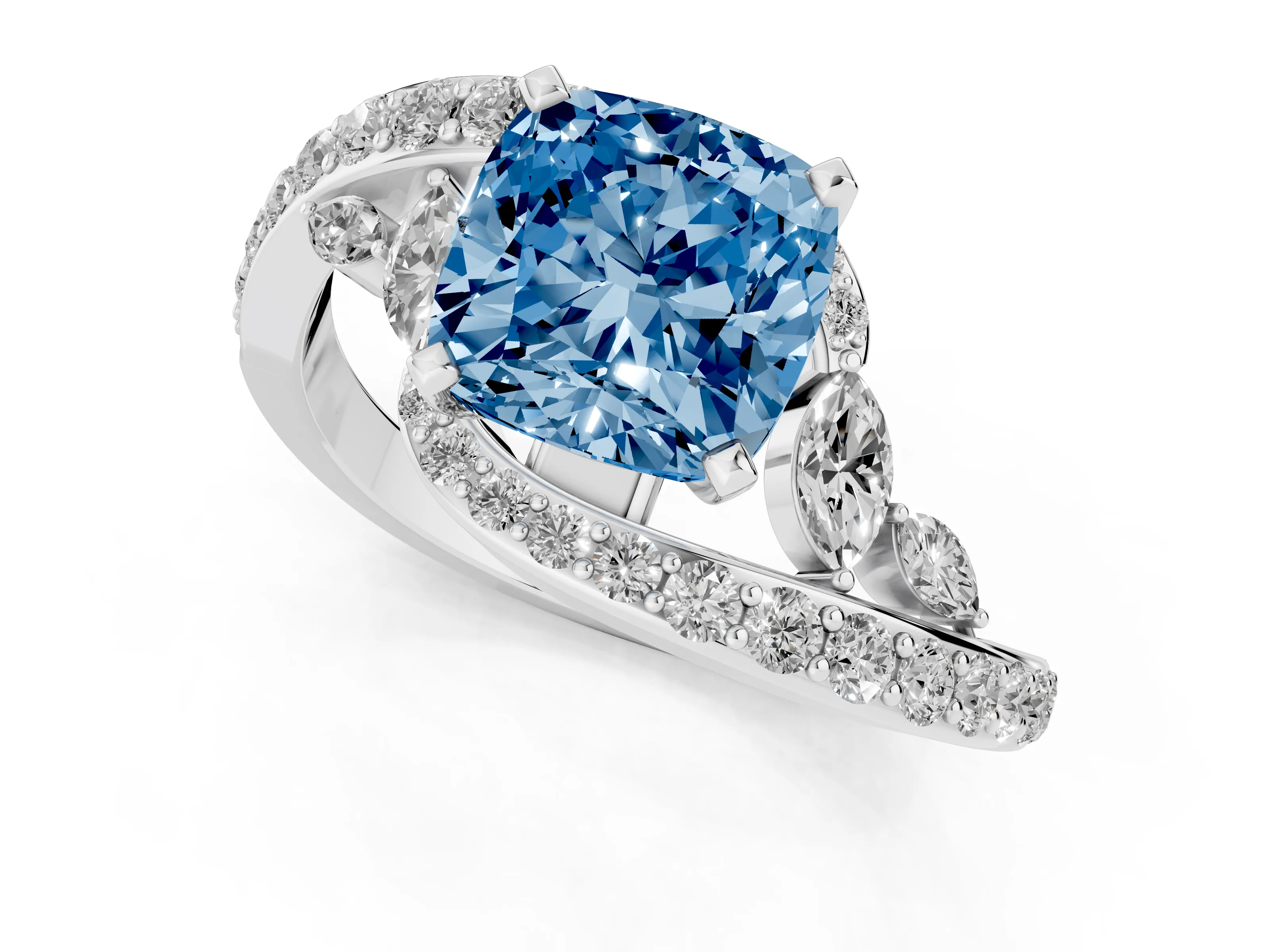 Fancy Blue Cushion Cut Diamond Solitaire Ring Set in Silver with Filigree Band and Prong Setting