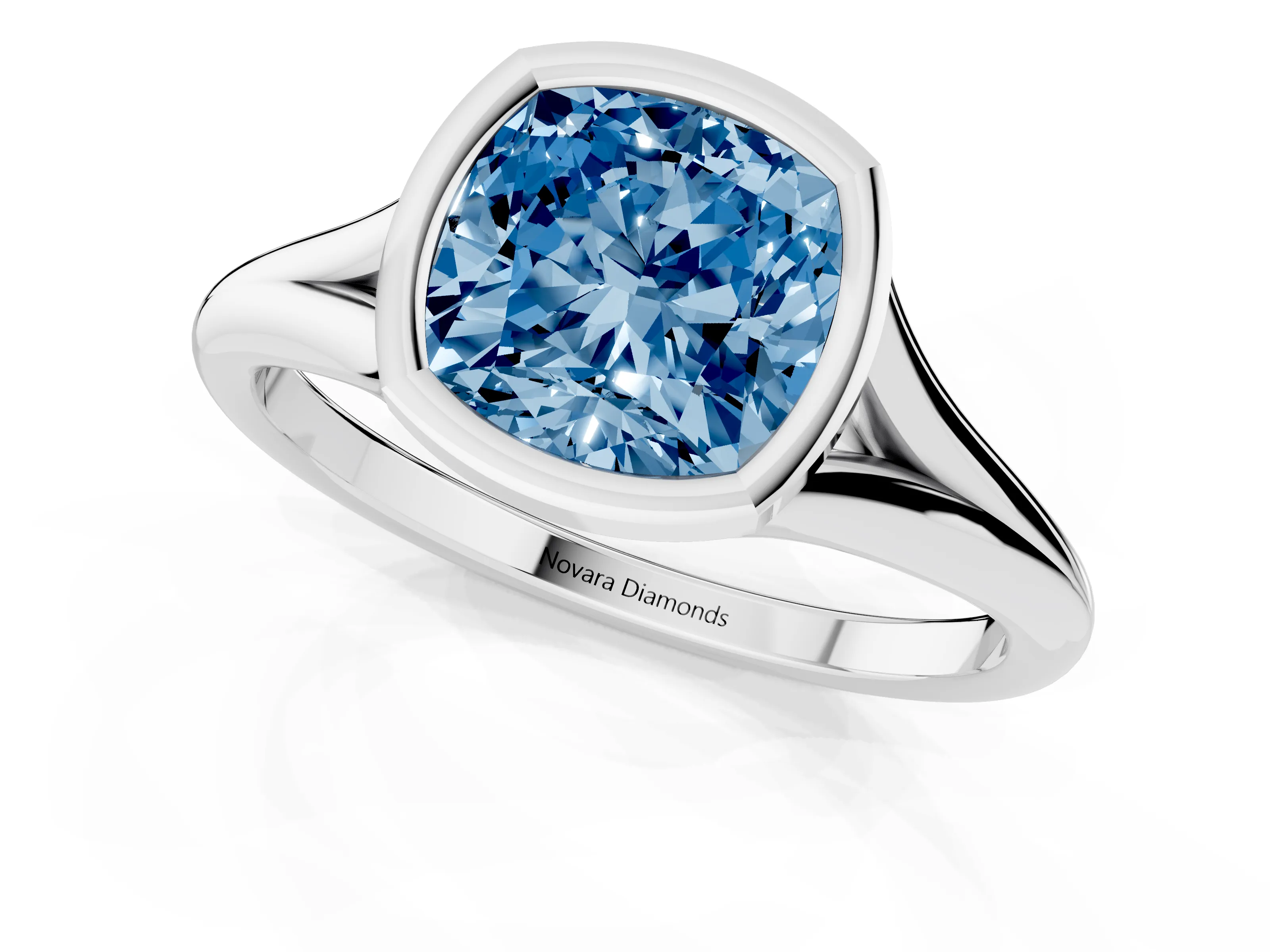 Fancy Blue Bezel Set Cushion Cut Diamond Solitaire Ring Set in Silver with Tapered Band