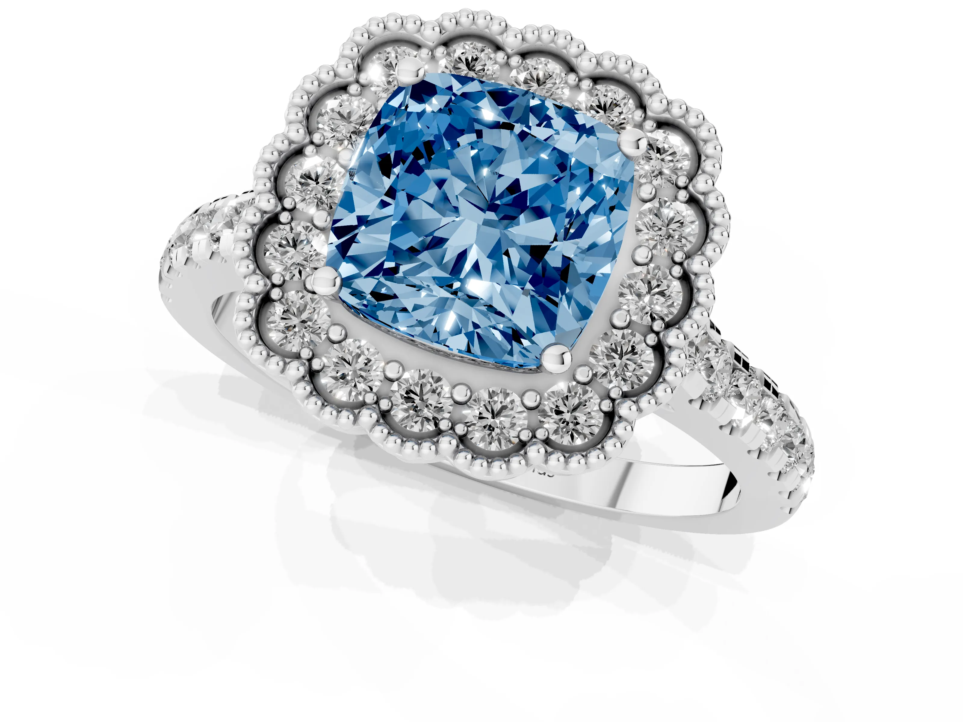 Fancy Blue Cushion Cut Diamond Milgrain Floral Halo Engagement Ring Set in White gold with Pavé Band