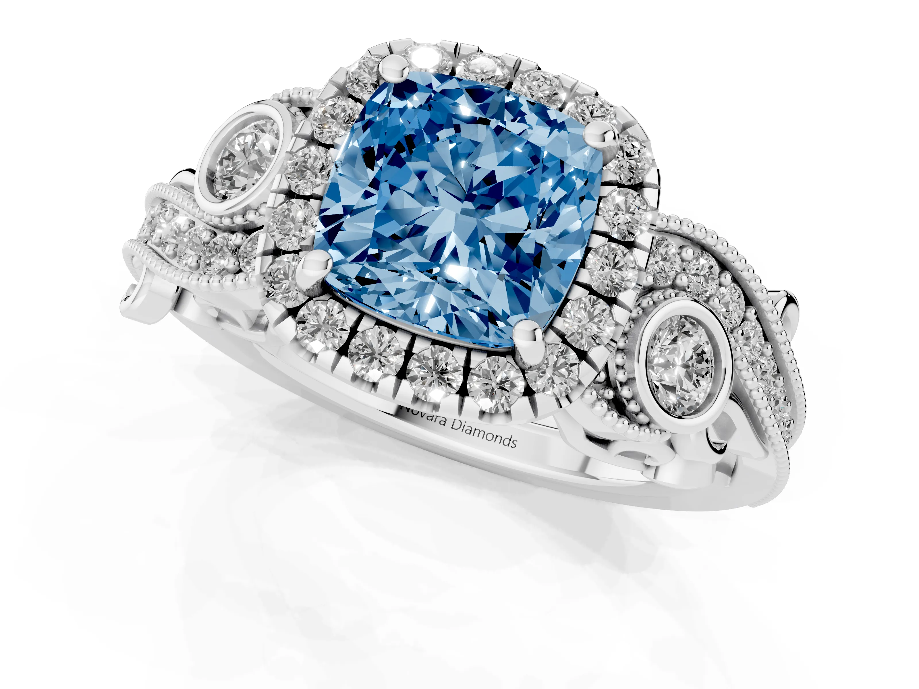 Fancy Blue Cushion Cut Diamond Halo Ring Set in Silver with Milgrain Pavé Band and Prong Setting