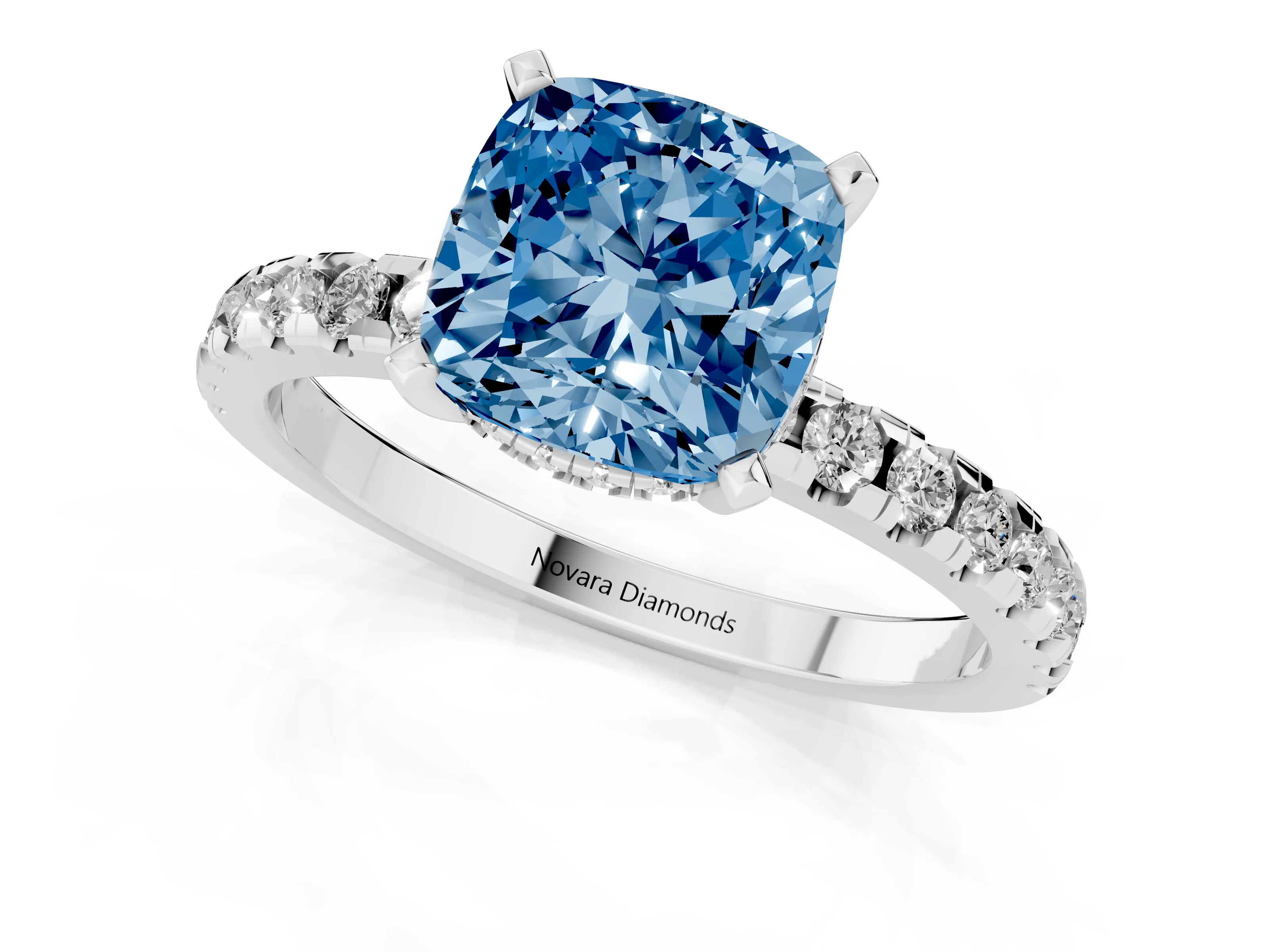 Fancy Blue Cushion Cut Diamond Pavé Solitaire Ring Set in Platinum with Round Band Accents and Prong Setting – second view