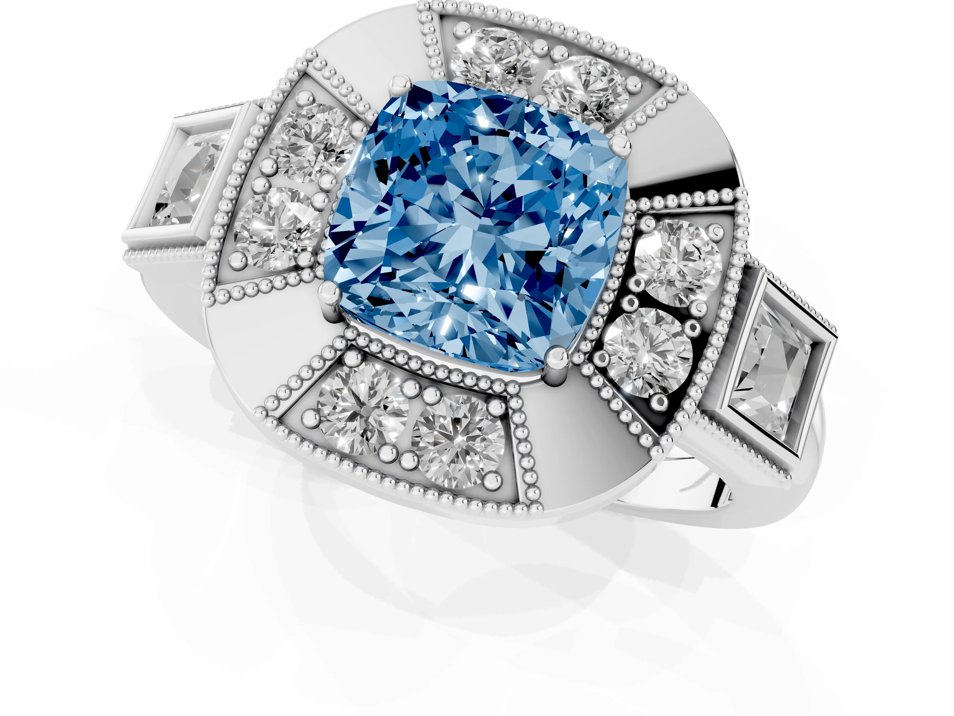 Fancy Blue Cushion Cut Diamond Milgrain Halo Ring Set in Platinum with Split Shank