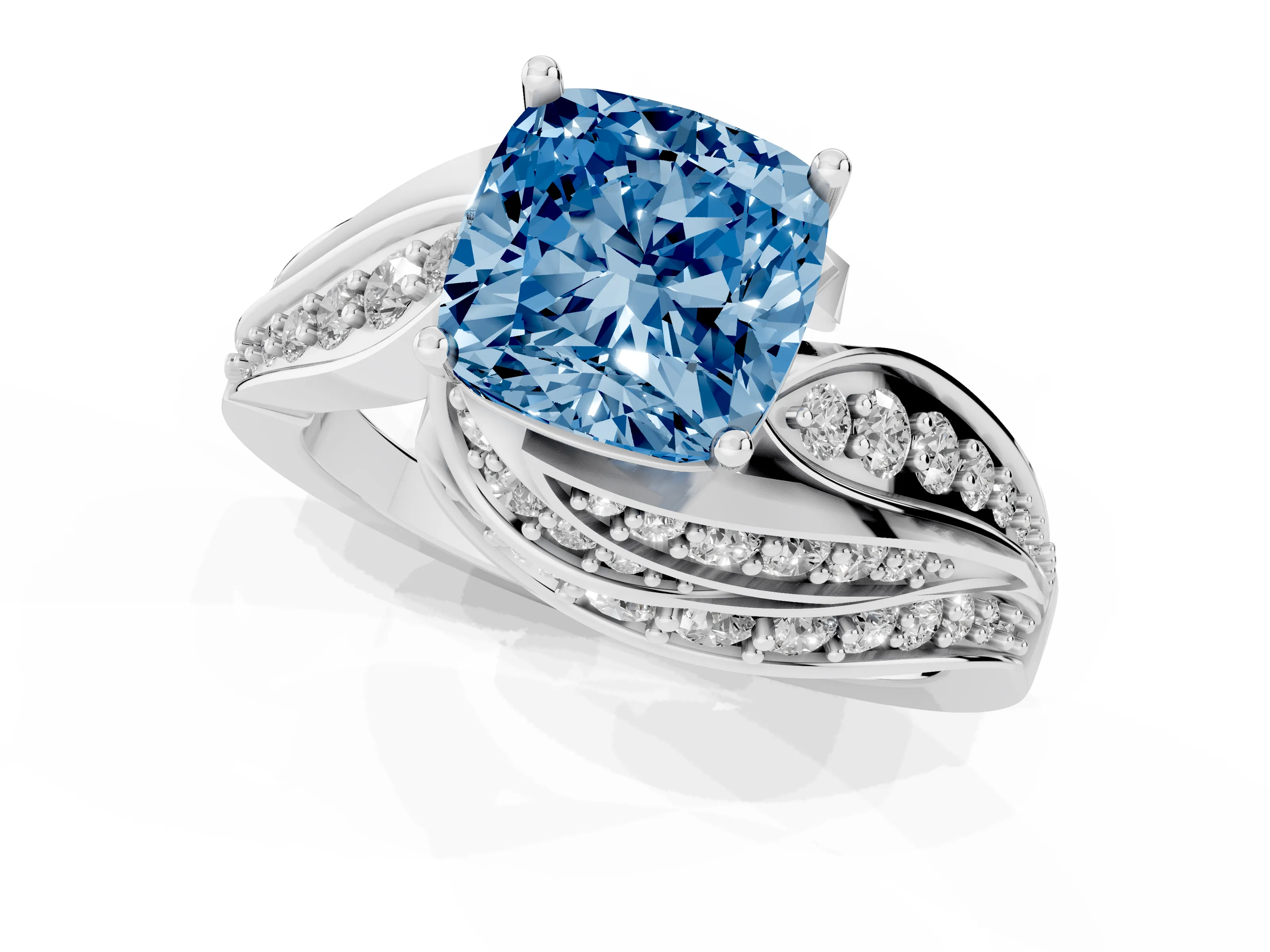 Fancy Blue Cushion Cut Diamond Solitaire Ring Set in Silver with Layered Twist Pavé Band
