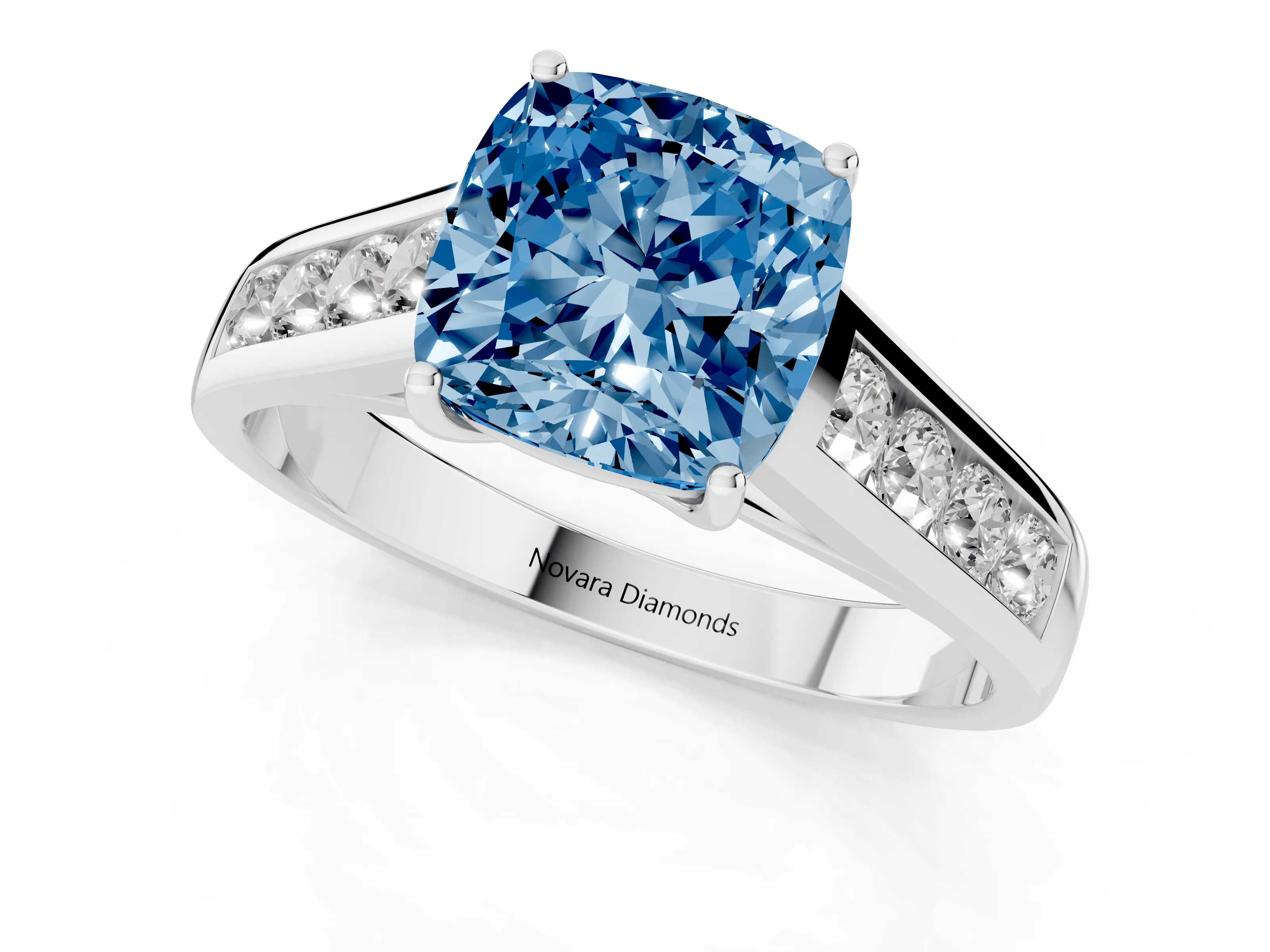 Fancy Blue Cushion Cut Diamond Brilliant Channel-Set Solitaire Ring Set in White gold with Prong Setting