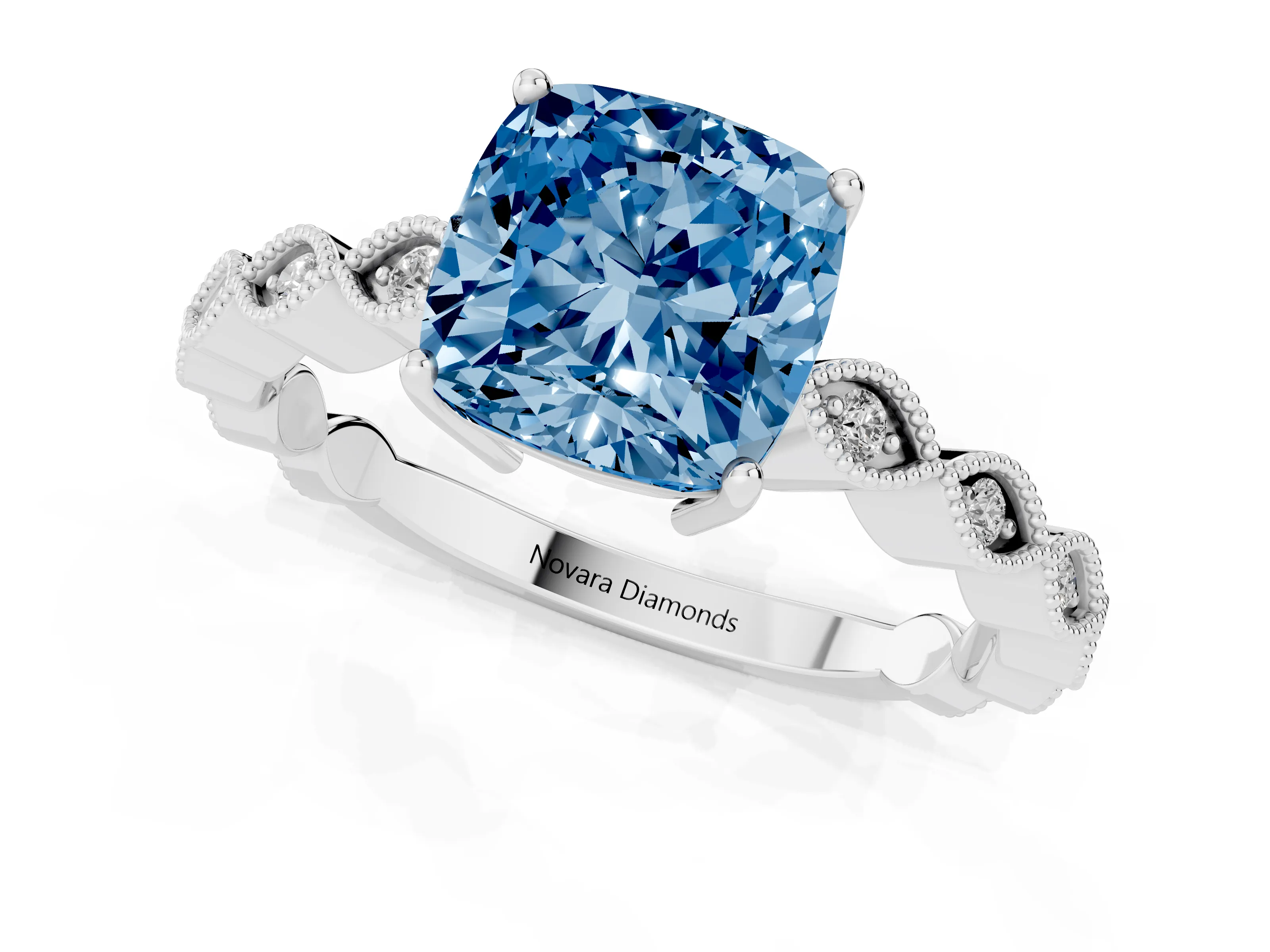 Fancy Blue Cushion Cut Diamond Solitaire Ring Set in Silver with Infinity Twist Pavé Band