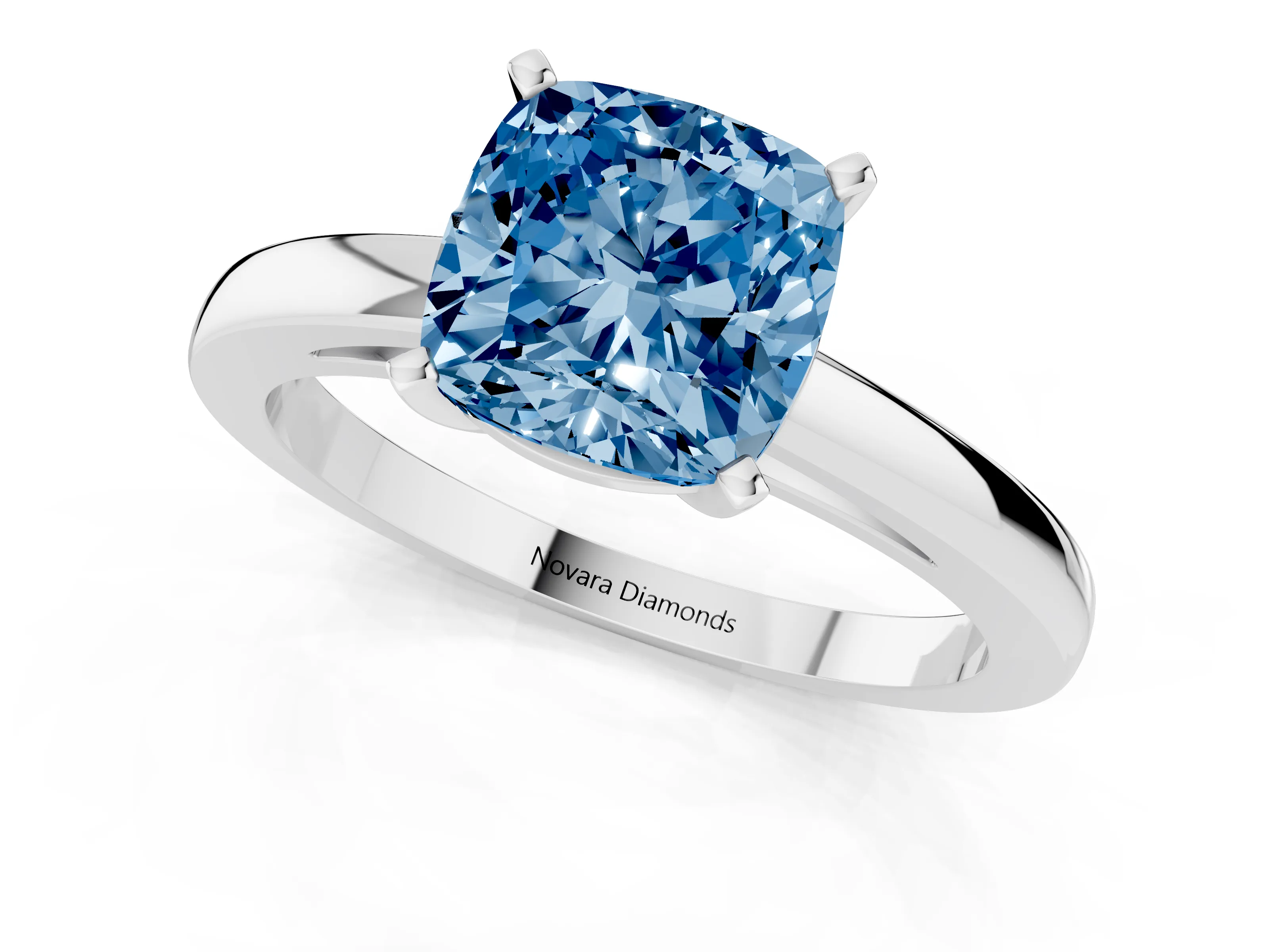 Fancy Blue Cushion Cut Diamond Solitaire Engagement Ring Set in Platinum with Prong Setting on a Classic Band