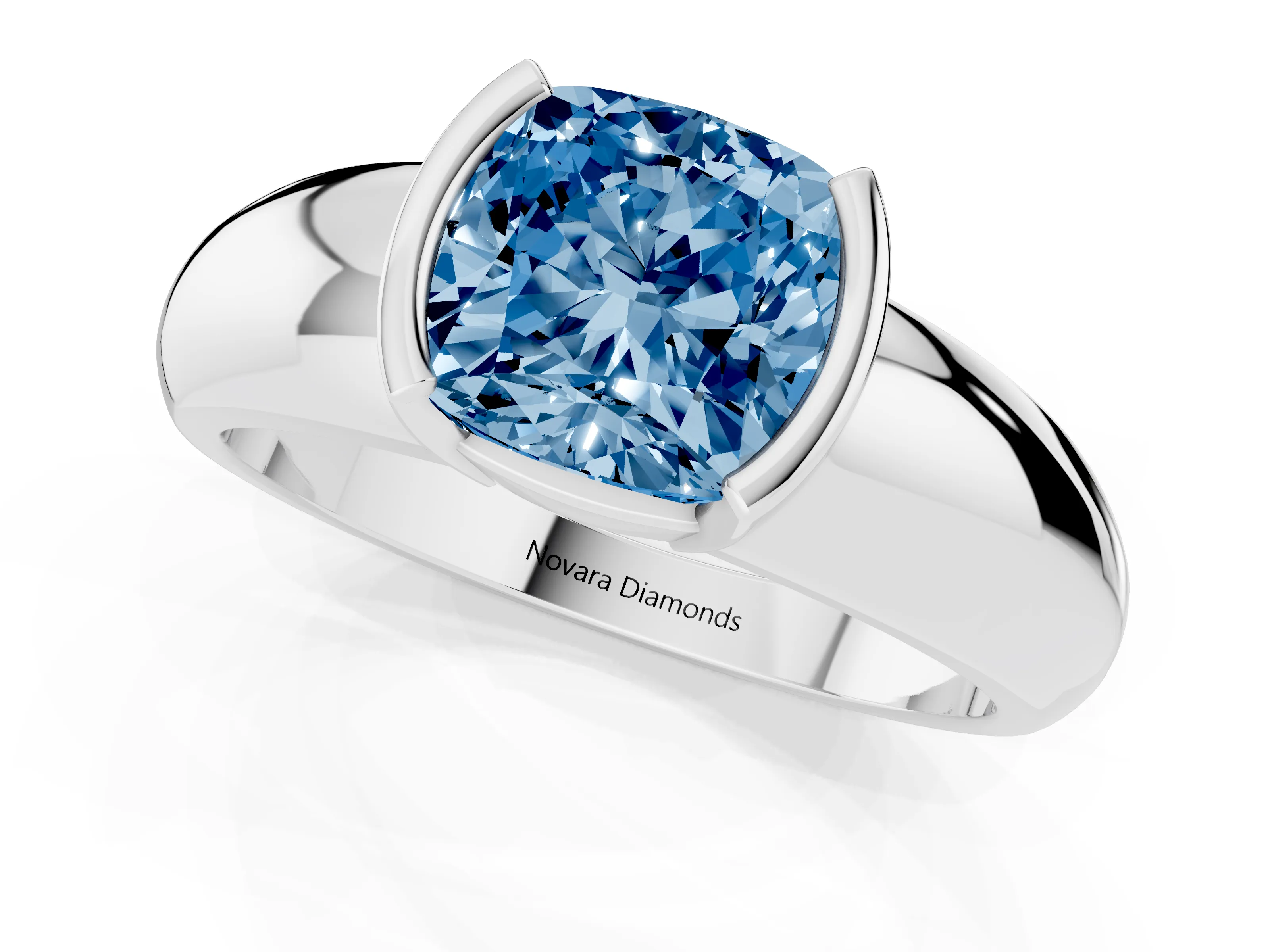 Fancy Blue Cushion Cut Diamond Solitaire Tension Set Ring Set in White gold with Wide Band