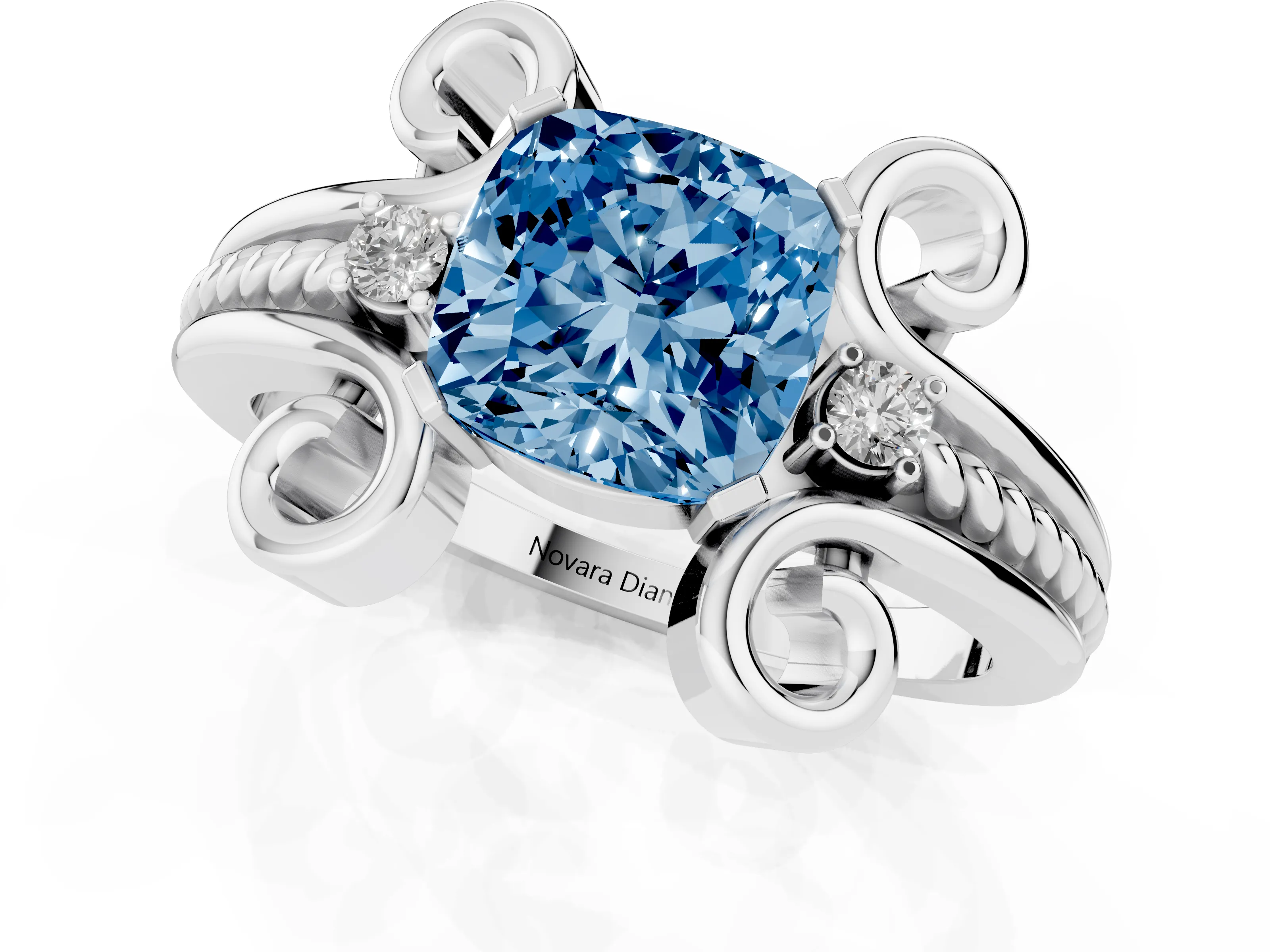 Fancy Blue Cushion Cut Diamond Twisted Band Solitaire Ring Set in White gold with Scroll Prongs