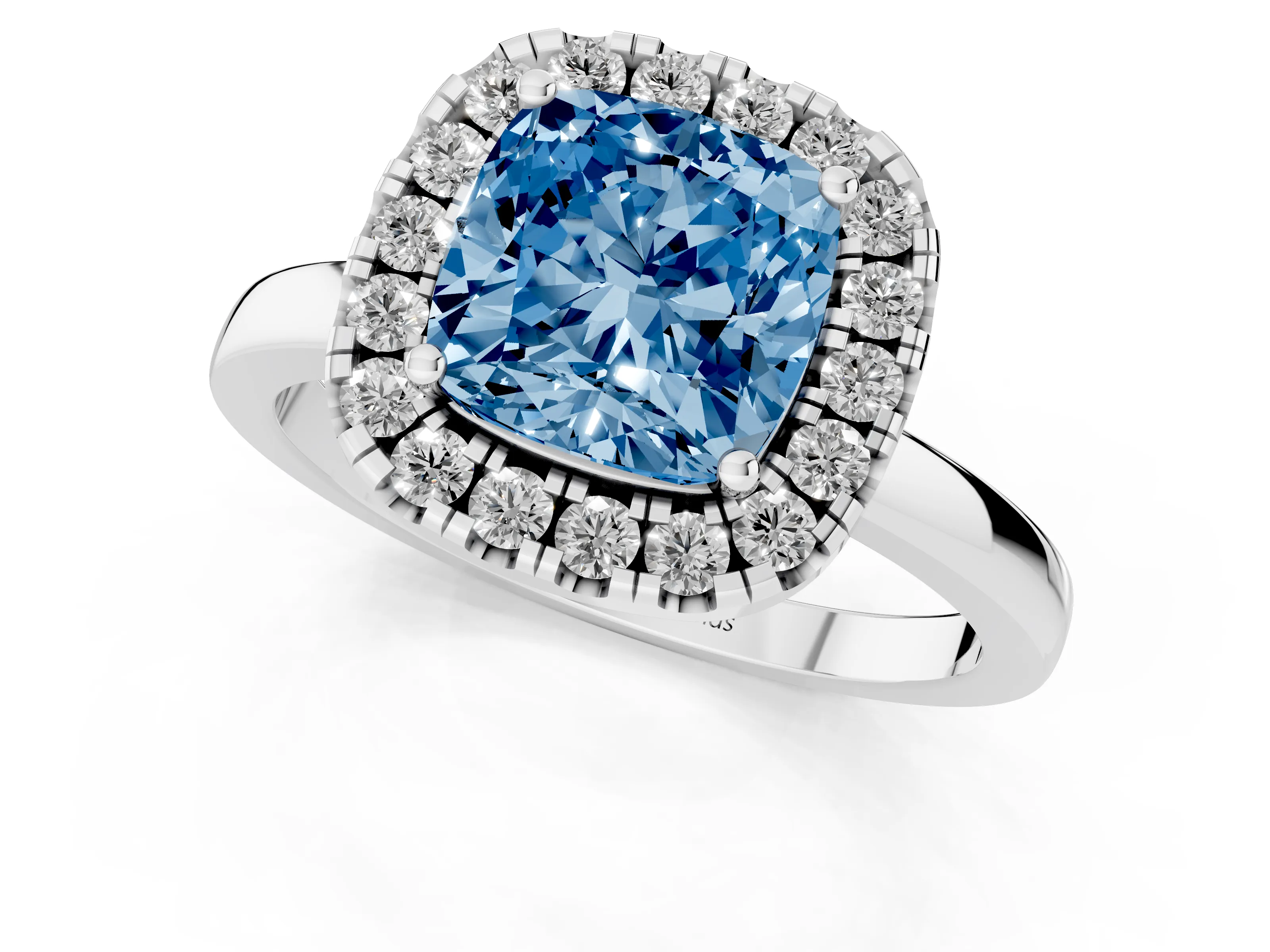 Fancy Blue Cushion Cut Diamond Halo Solitaire Ring Set in White gold with Pavé Band and Prong Setting