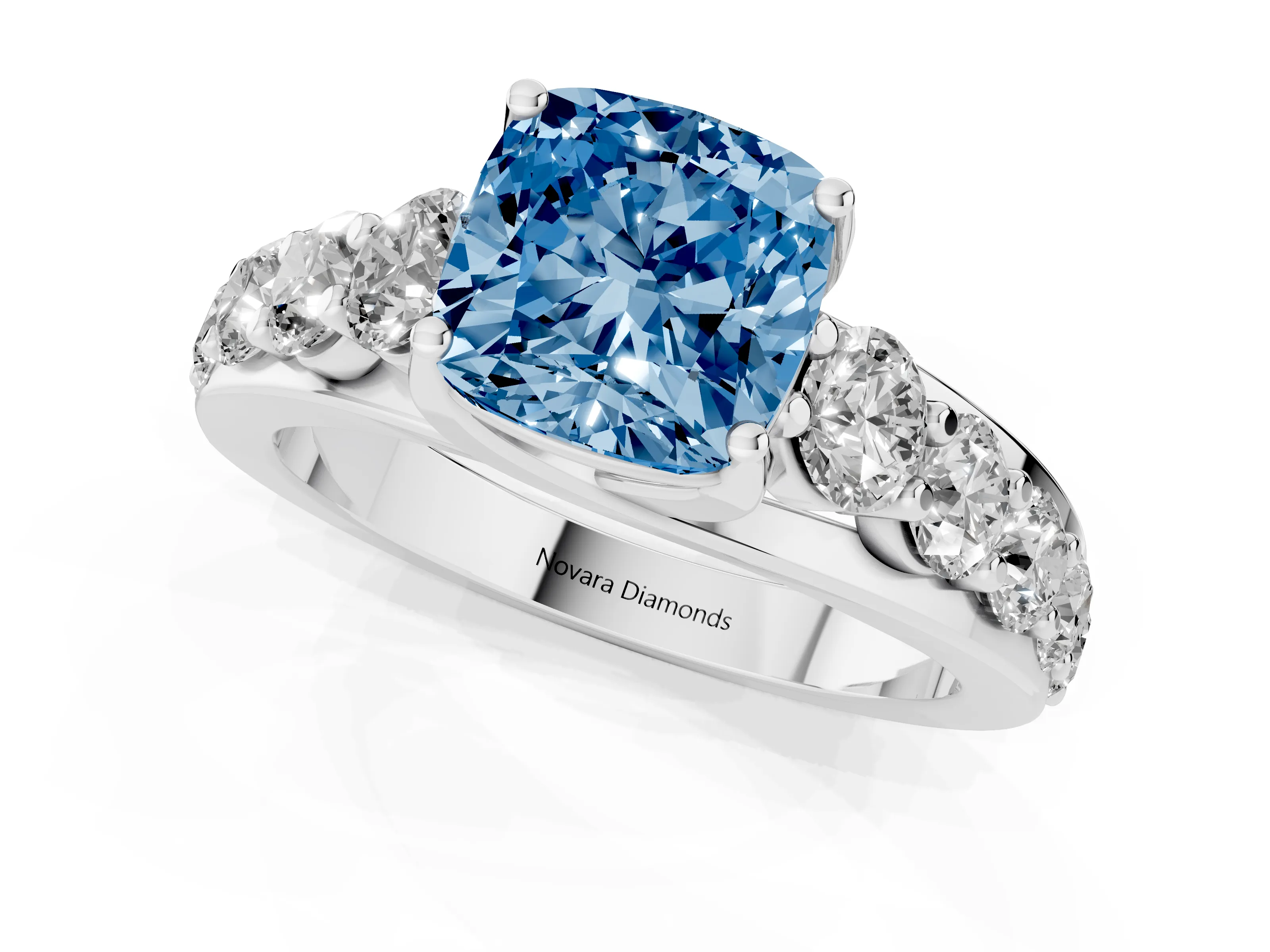 Fancy Blue Cushion Cut Diamond Pavé Engagement Ring Set in White gold with Prong Setting