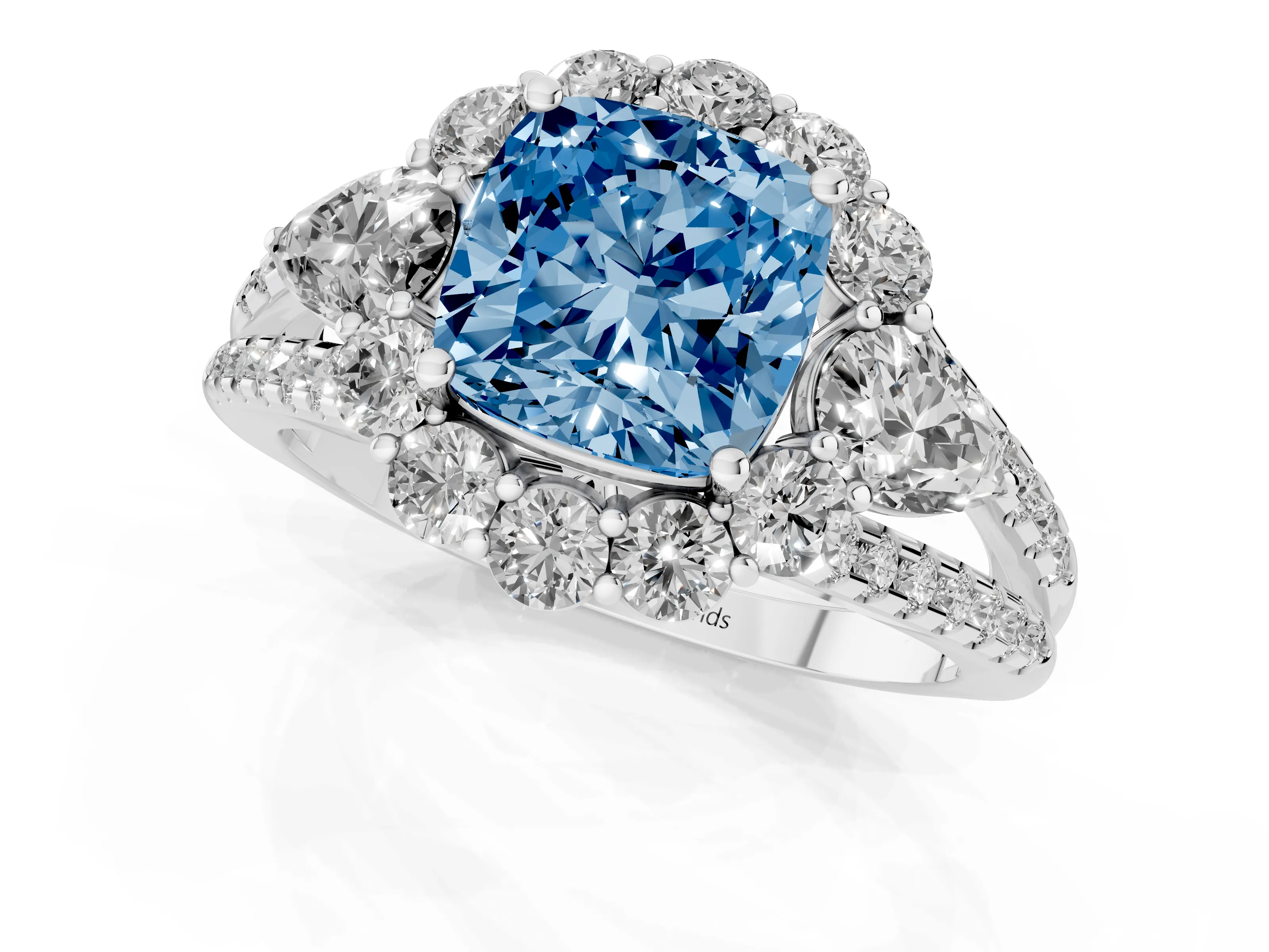 Fancy Blue Cushion Cut Diamond Halo Split Shank Engagement Ring Set in Platinum with Prong-Held Center Stone