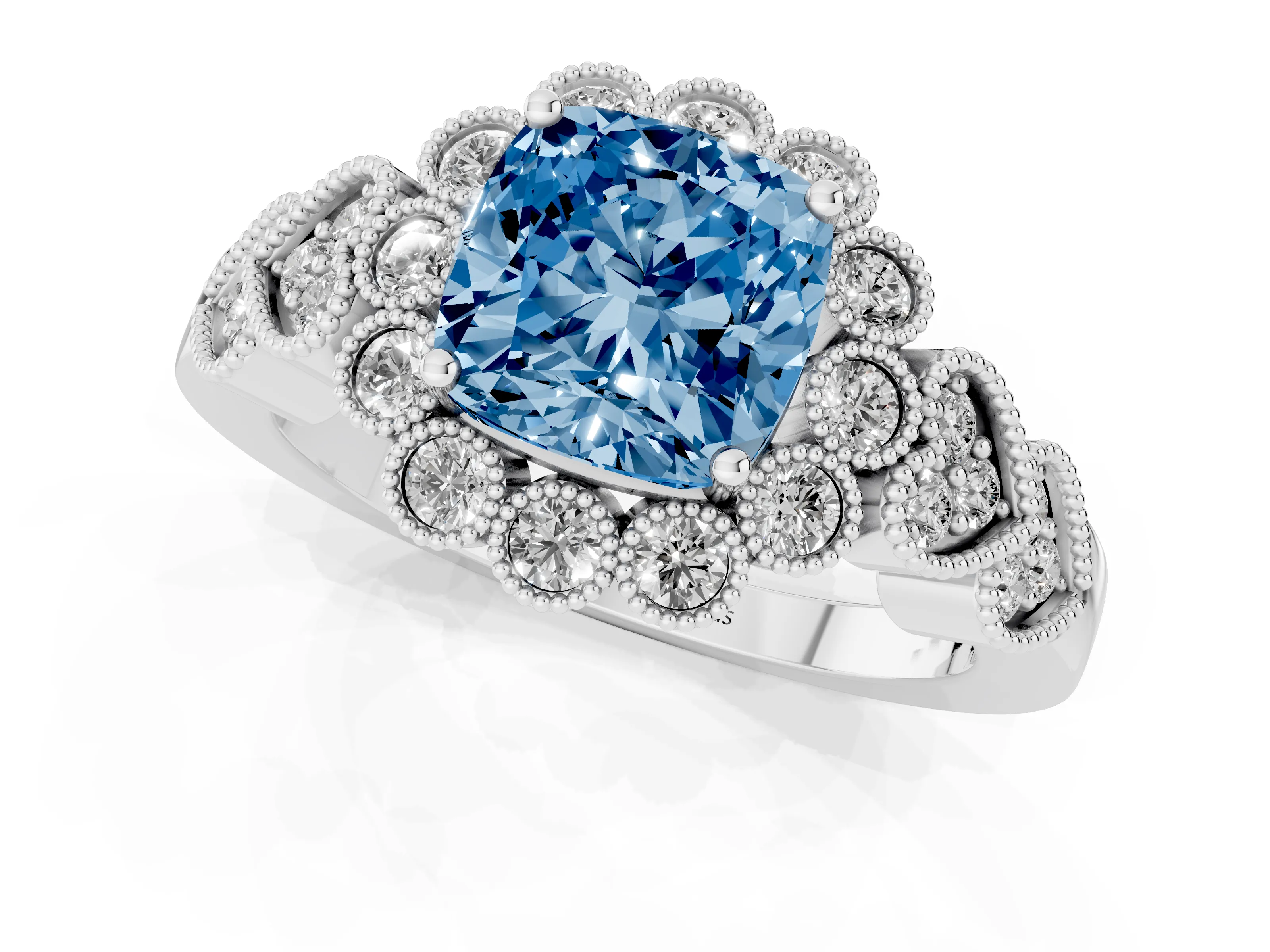 Fancy Blue Cushion Cut Diamond Solitaire Ring Set in Silver with Milgrain Pavé Heart Band