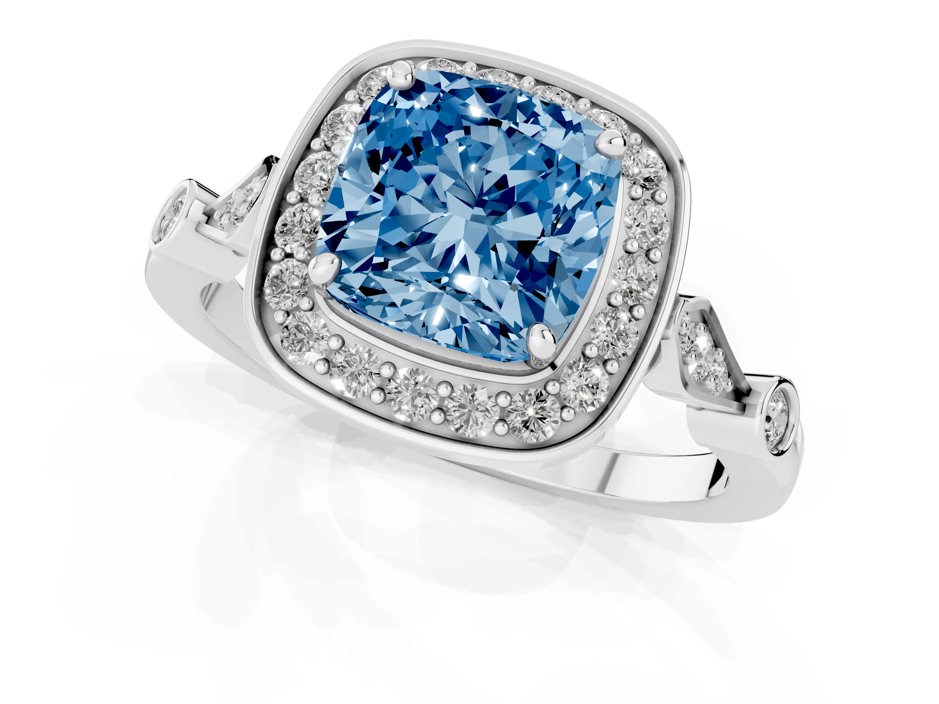 Fancy Blue Cushion Cut Diamond Halo Engagement Ring Set in Platinum with Twisted Band and Prong Setting