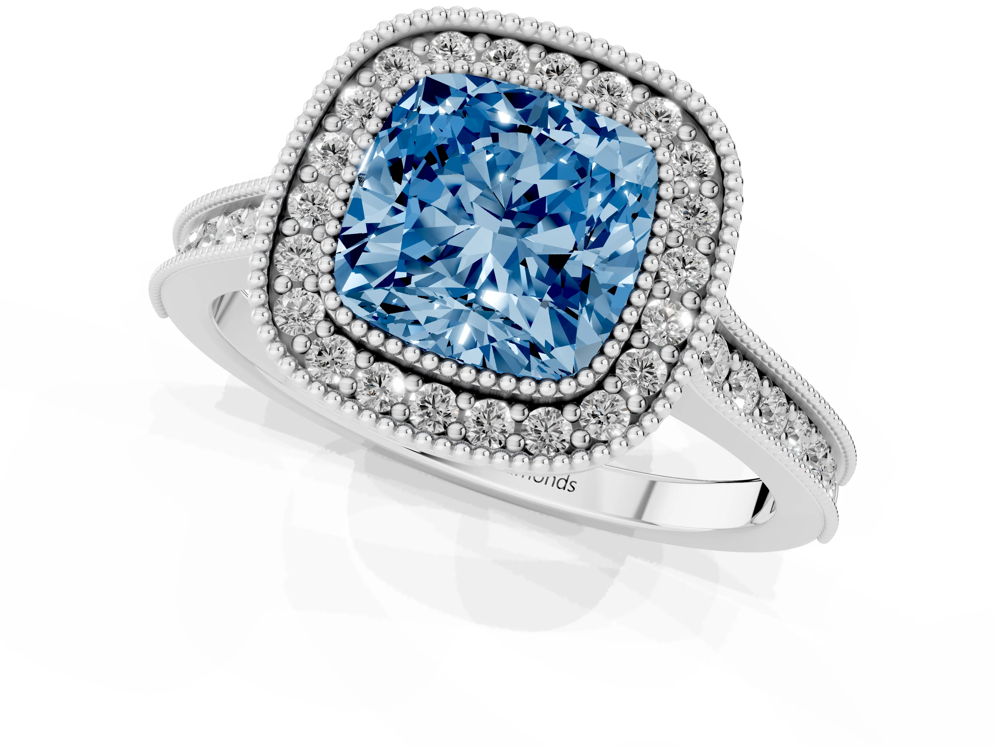 Fancy Blue Cushion Cut Diamond Halo Milgrain Pavé Band Ring Set in White gold with Prong Setting
