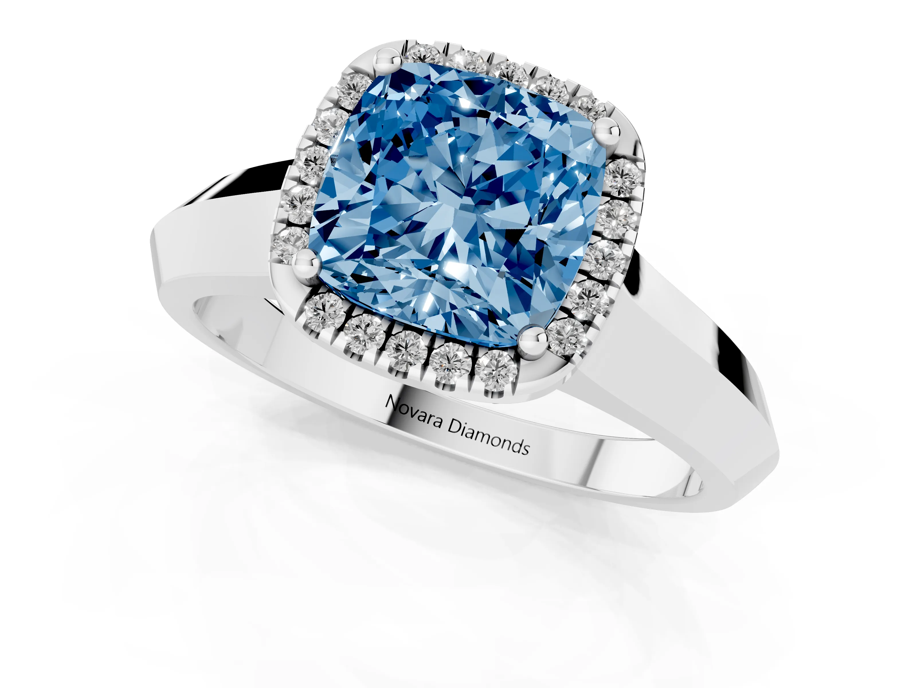 Fancy Blue Cushion Cut Diamond Halo Ring Set in Platinum with Cathedral Band and Prong Setting