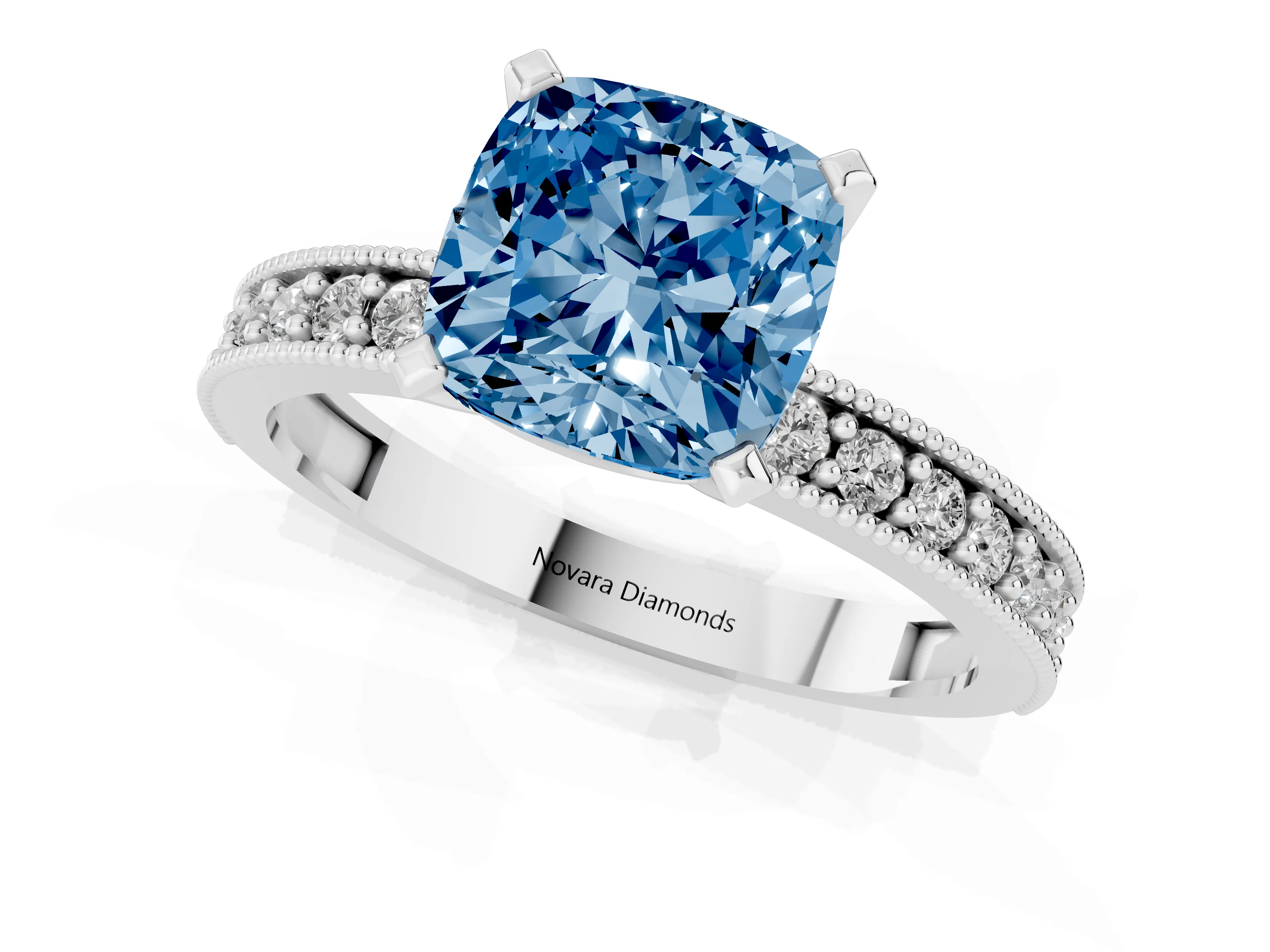 Fancy Blue Cushion Cut Diamond Milgrain Pavé Engagement Ring Set in White gold with Prong Setting