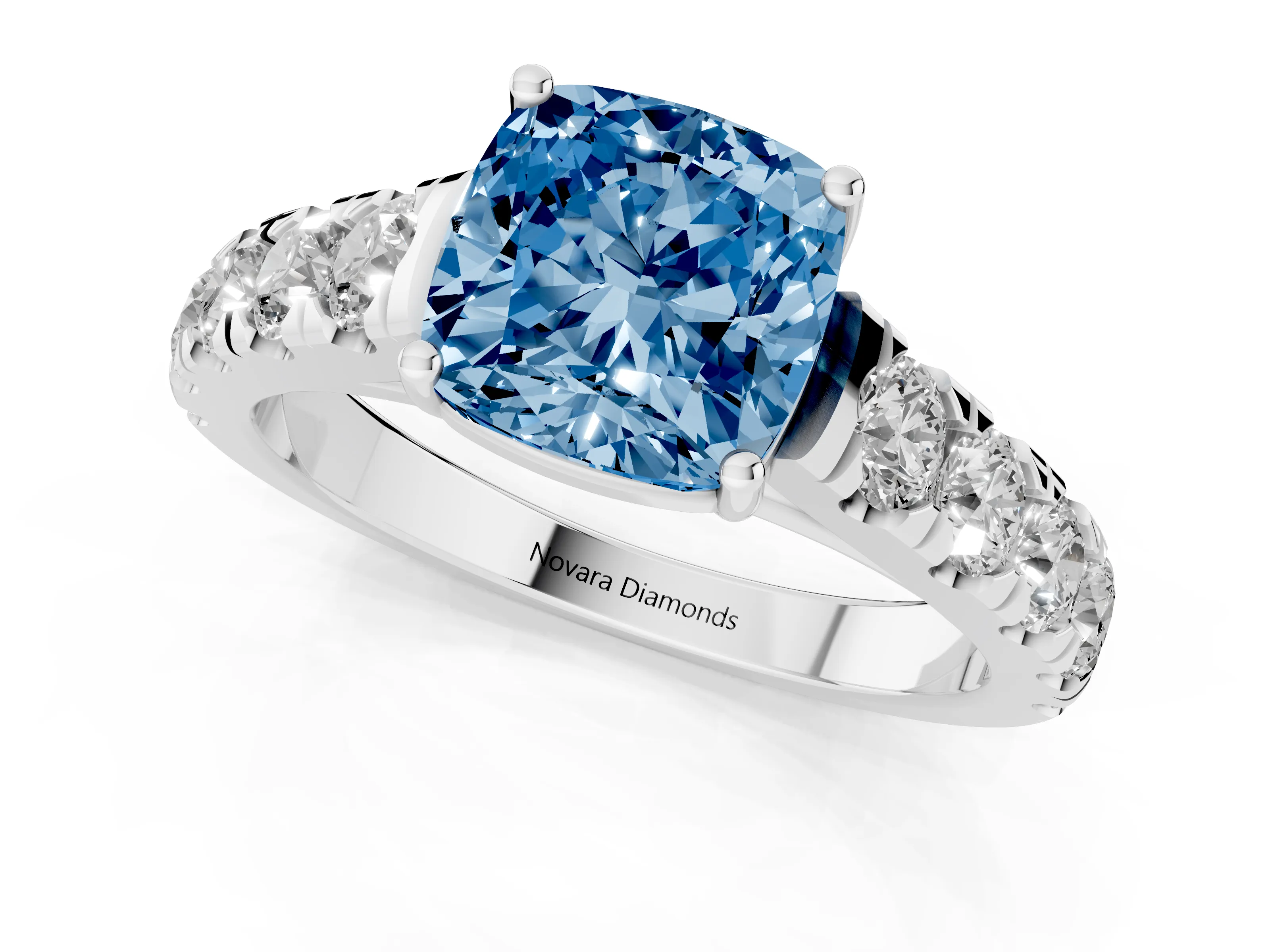 Fancy Blue Cushion Cut Diamond Solitaire Ring Set in Platinum with Cut-Down Micro Pavé Band and Prong Setting