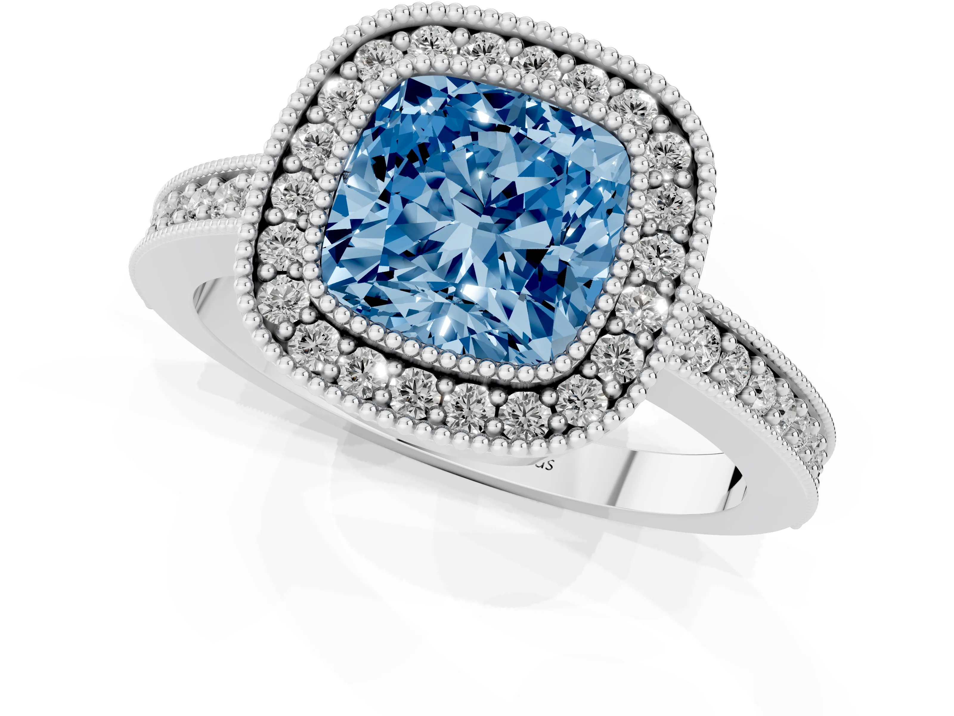 Fancy Blue Cushion Cut Diamond Halo Engagement Ring Set in Platinum with Pavé Band and Round Halo Stones