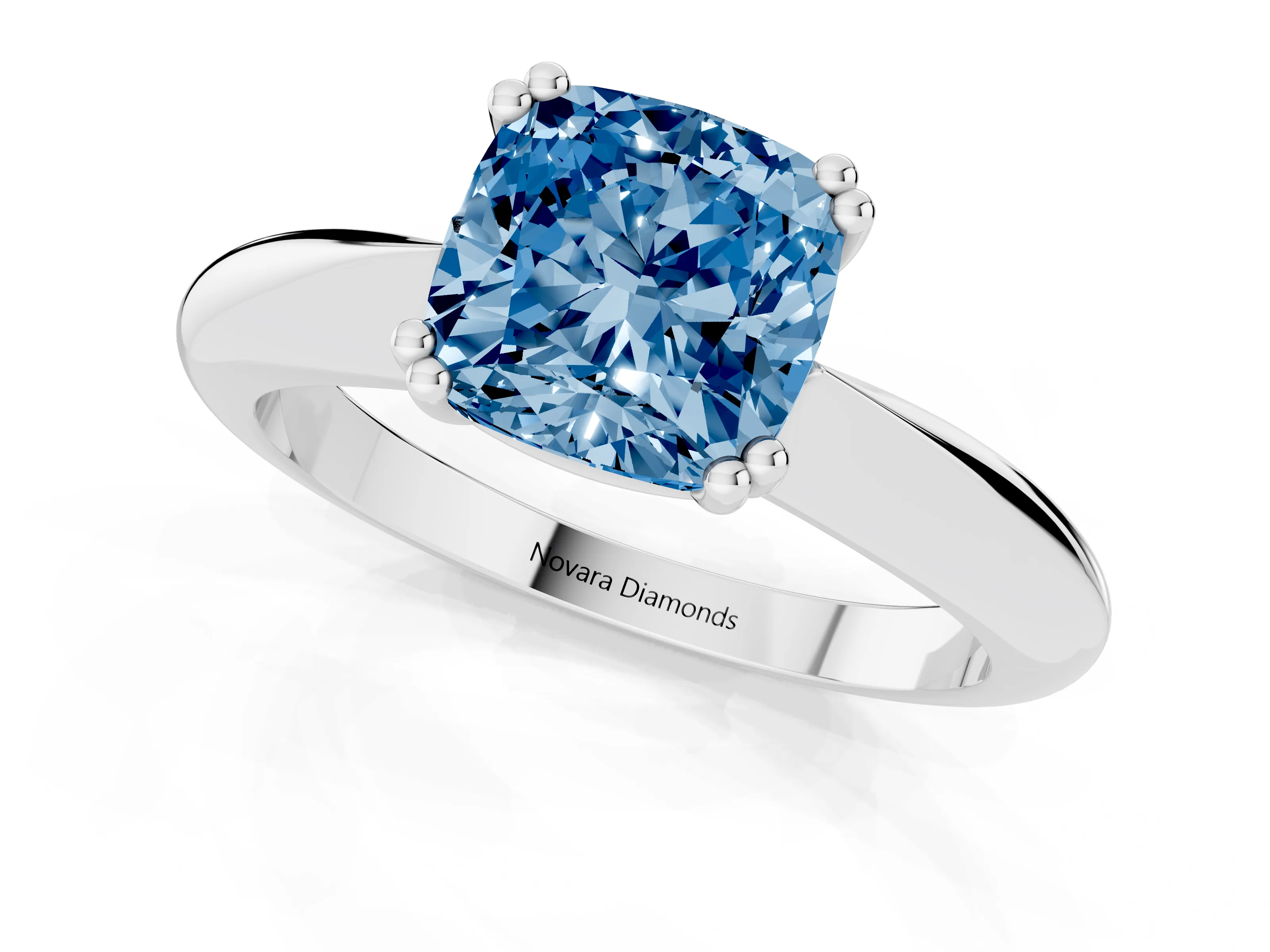 Fancy Blue Cushion Cut Diamond Solitaire Engagement Ring Set in Silver with Tapered Band and Prong Setting