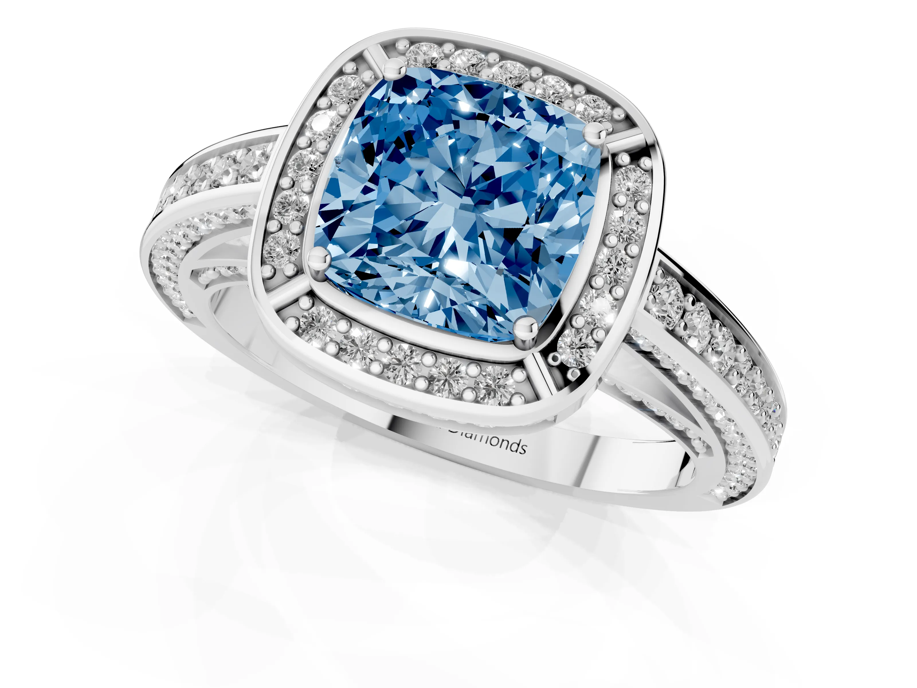 Fancy Blue Cushion Cut Diamond Halo Pavé Split Shank Ring Set in White gold with Prong Setting