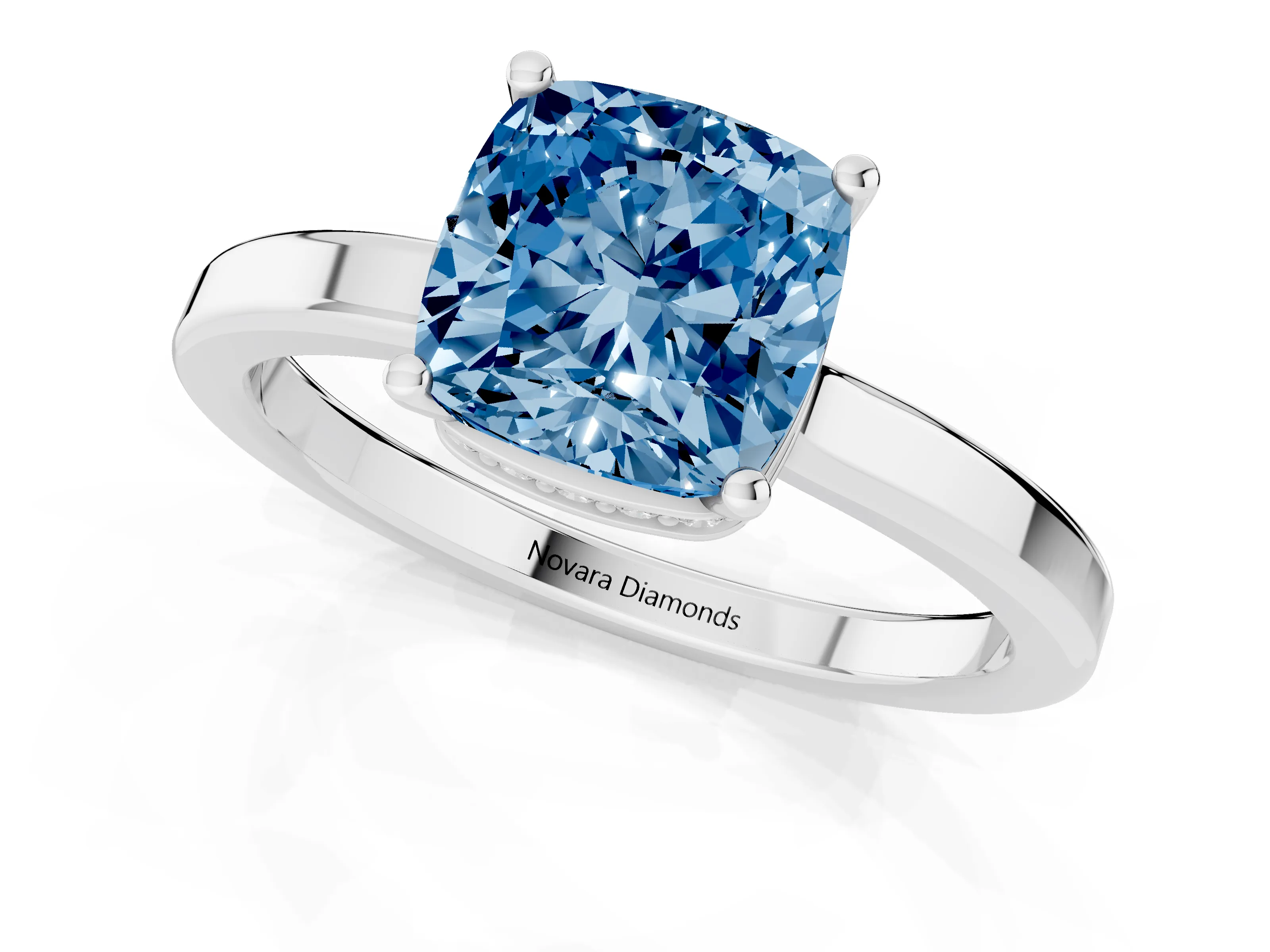 Fancy Blue Cushion Cut Diamond Solitaire Engagement Ring Set in Platinum with Prong Setting on a Plain Band