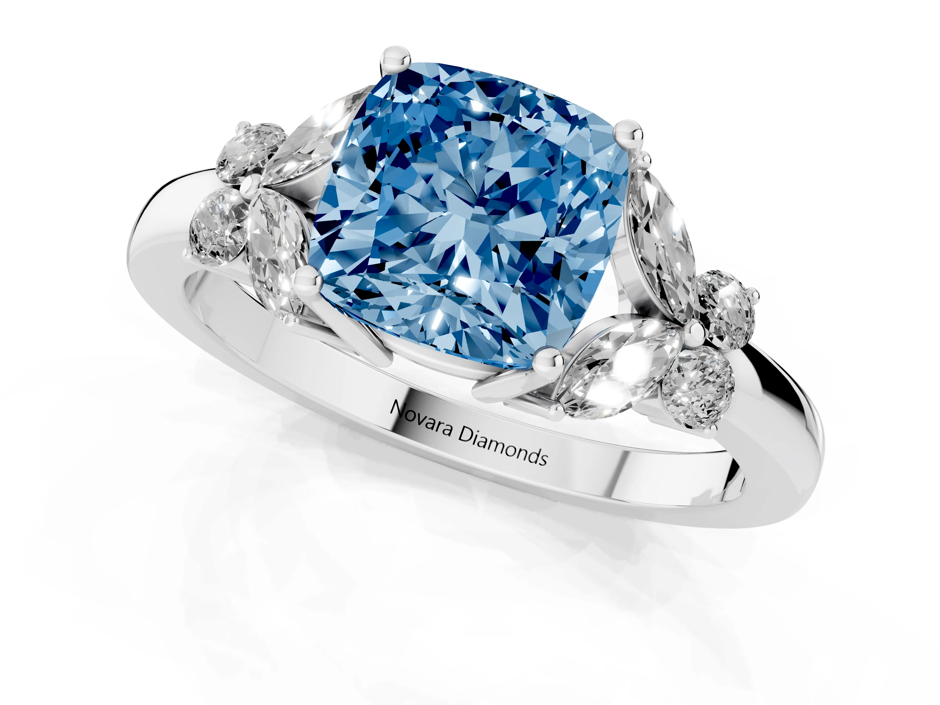 Fancy Blue Cushion Cut Diamond Solitaire Floral Ring Set in Platinum with Marquise Petals and Prong Setting