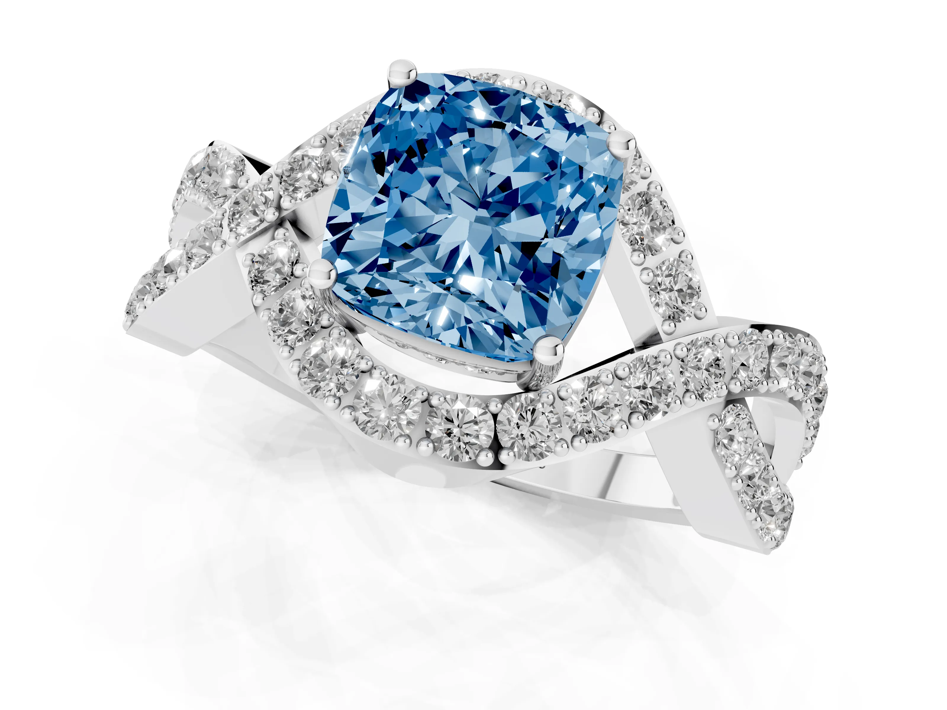 Fancy Blue Cushion Cut Diamond Solitaire Twist Band Pavé Engagement Ring Set in White gold