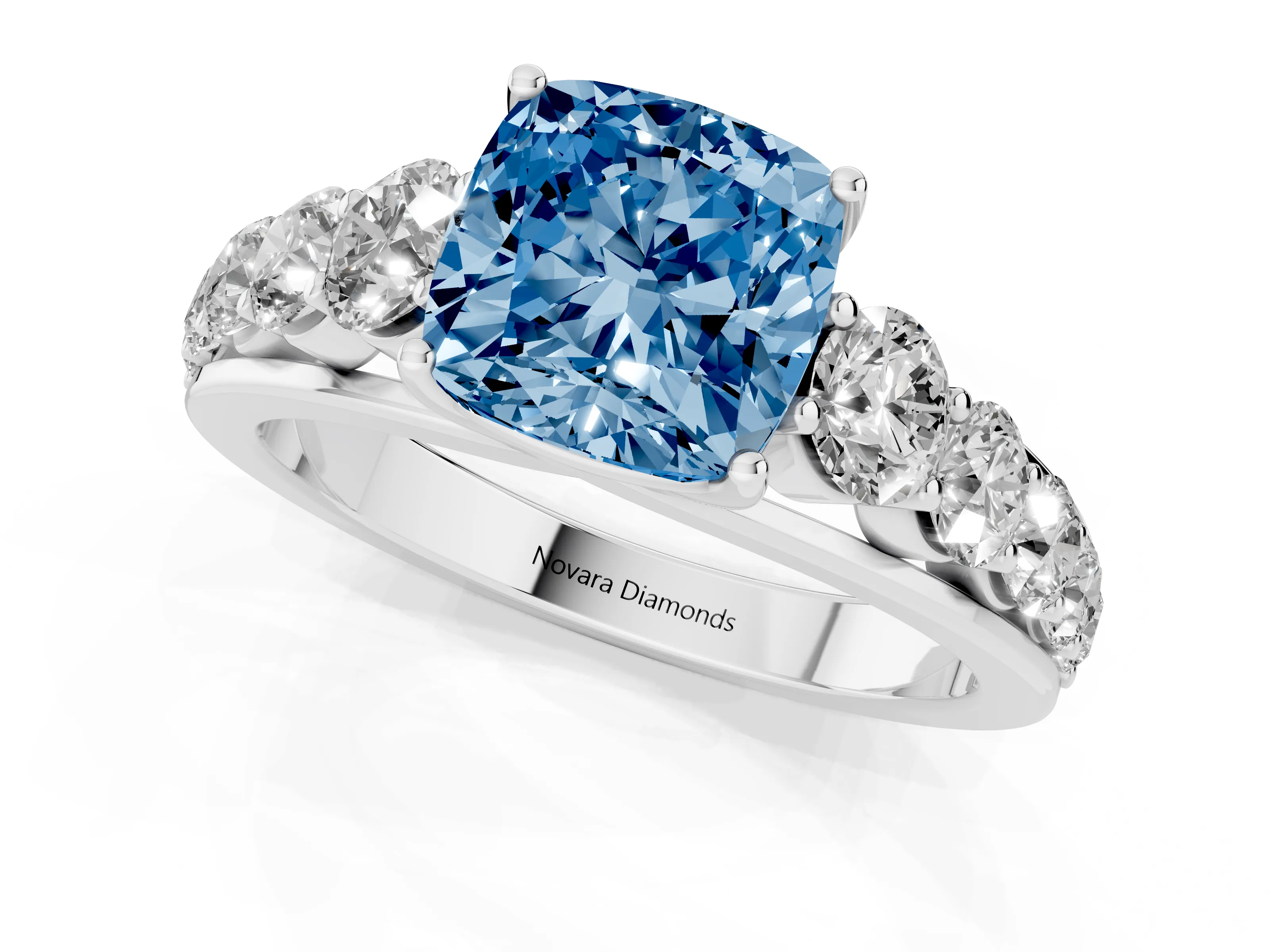 Fancy Blue Cushion Cut Diamond Solitaire Ring Set in Platinum with Pavé-Set Band and Prong Setting