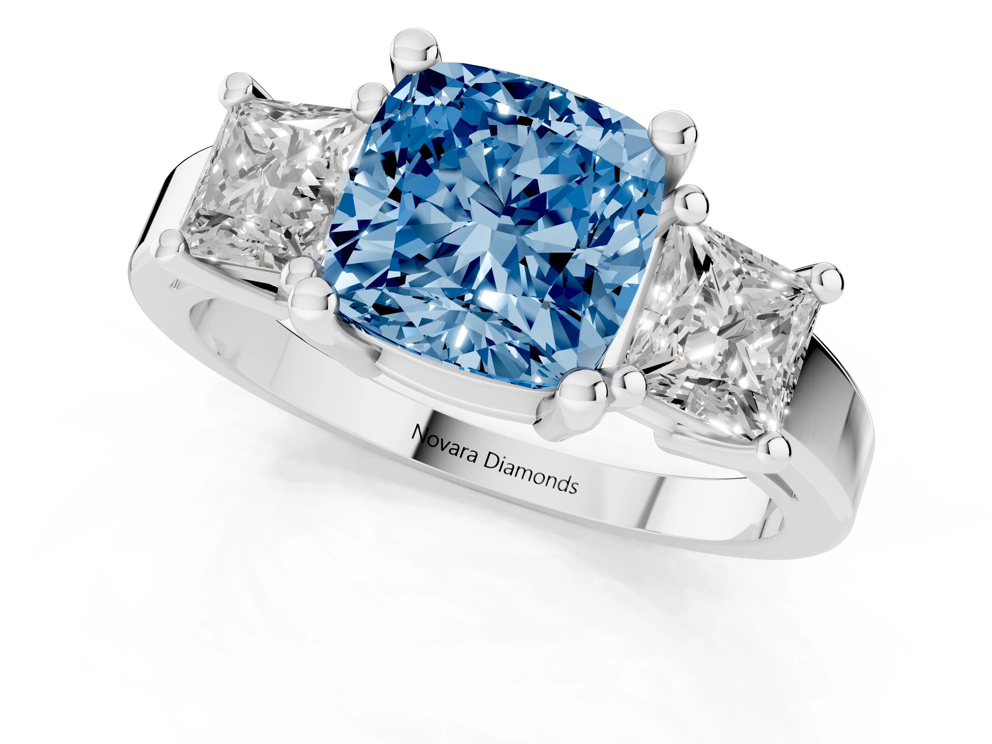 Fancy Blue Three-Stone Cushion Cut Diamond Solitaire Ring Set in Silver with Prong Setting