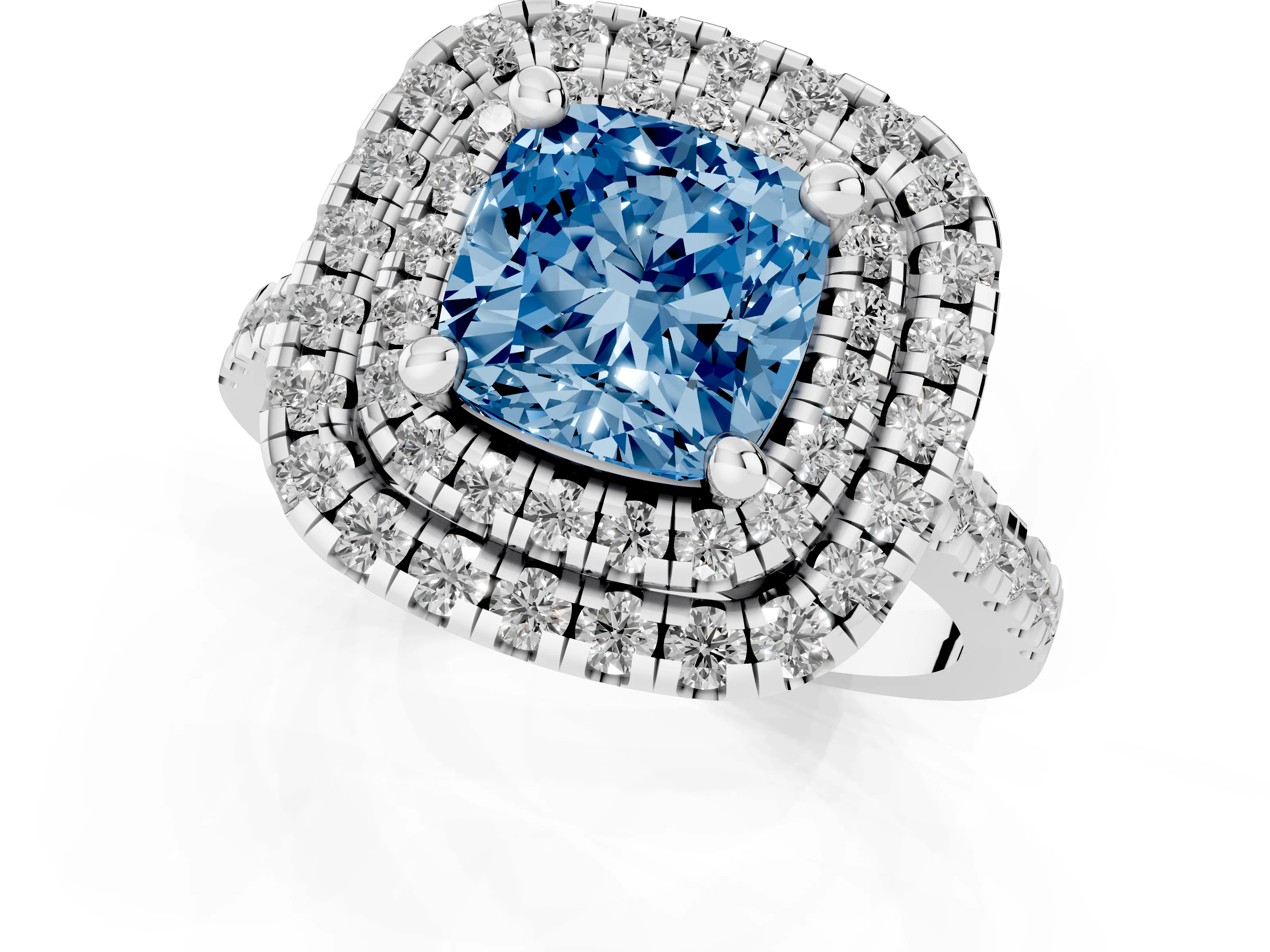 Fancy Blue Cushion Cut Diamond Double Halo Statement Ring Set in Platinum with Pavé Band